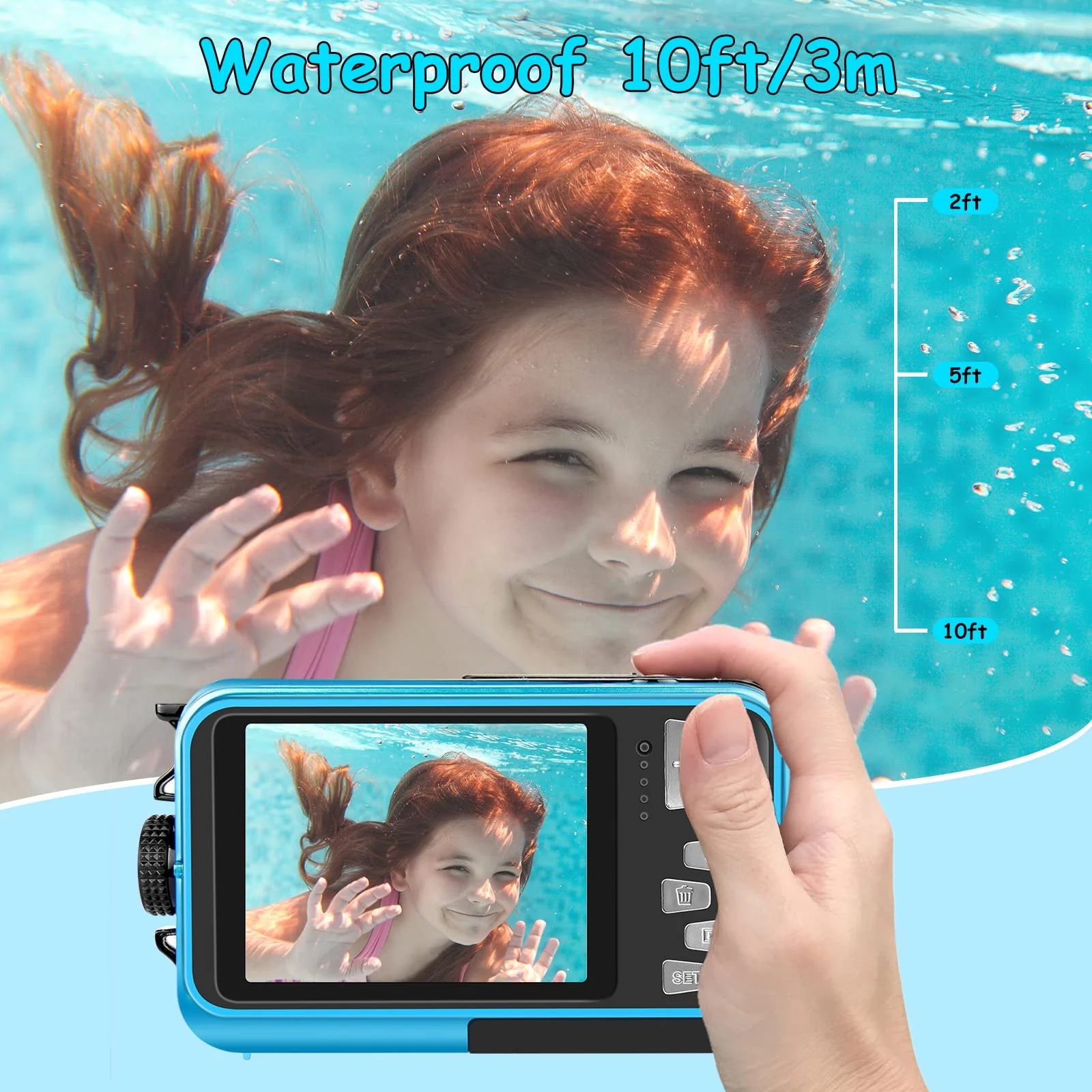 Underwater Camera with 32GB Card Waterproof Camera 10FT 30MP FHD 1080P Compact 16X Digital Zoom Underwater Kids Digital Camera for Snorkeling, Blue - Image 4