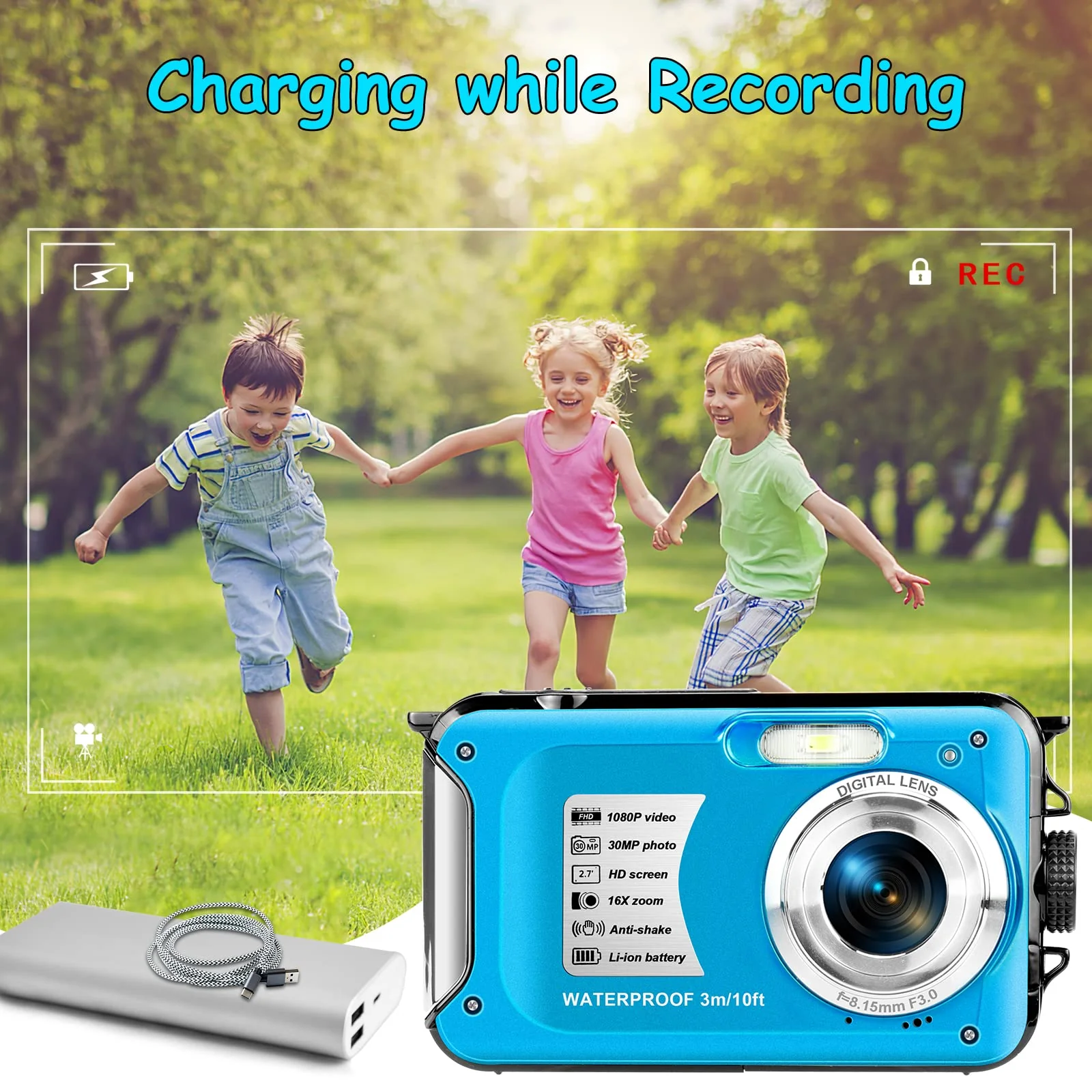 Underwater Camera with 32GB Card Waterproof Camera 10FT 30MP FHD 1080P Compact 16X Digital Zoom Underwater Kids Digital Camera for Snorkeling, Blue - Image 6