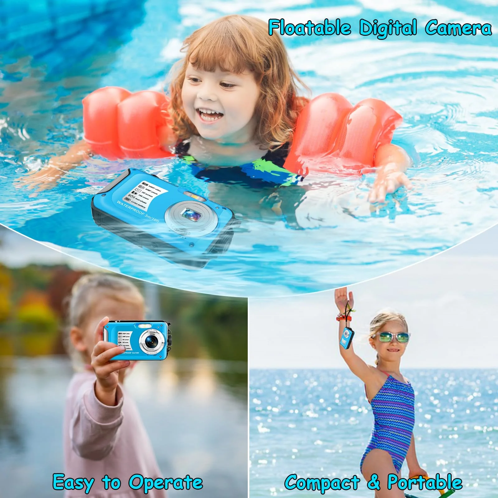 Underwater Camera with 32GB Card Waterproof Camera 10FT 30MP FHD 1080P Compact 16X Digital Zoom Underwater Kids Digital Camera for Snorkeling, Blue - Image 7
