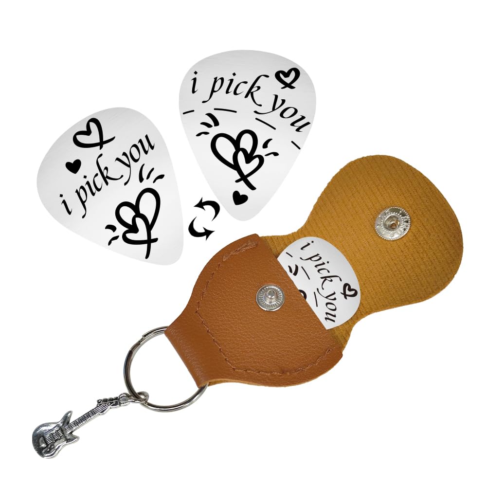 UNICRAFTALE I Pick You Double Side Guitar Picks Plectrum Guitar Set with Heart 1PC Stainless Steel Guitar Pick Keychain with Brown Leather Case Guitar Picks Gifts for Guitar Musician Boyfriend