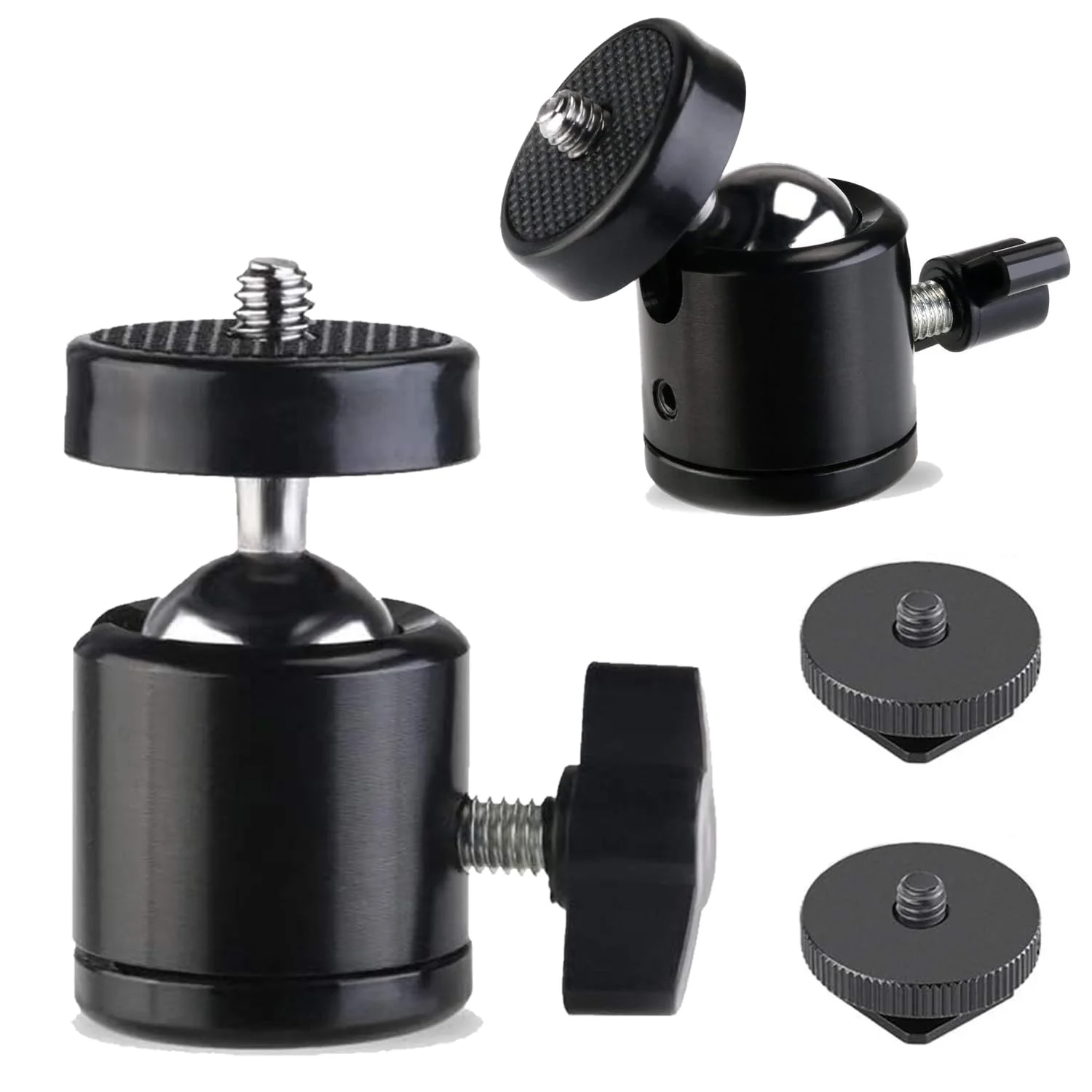 Universal 1/4" Swivel Mini Ball Head Screw Tripod Mount with Hot Shoe(2 Pack), Eszkozta 360 Degree Rotating Mount Base Adapter for DSLR Cameras HTC Vive Tripods Monopods Camcorder Light Stand… Black-Black-with Hot Shoe