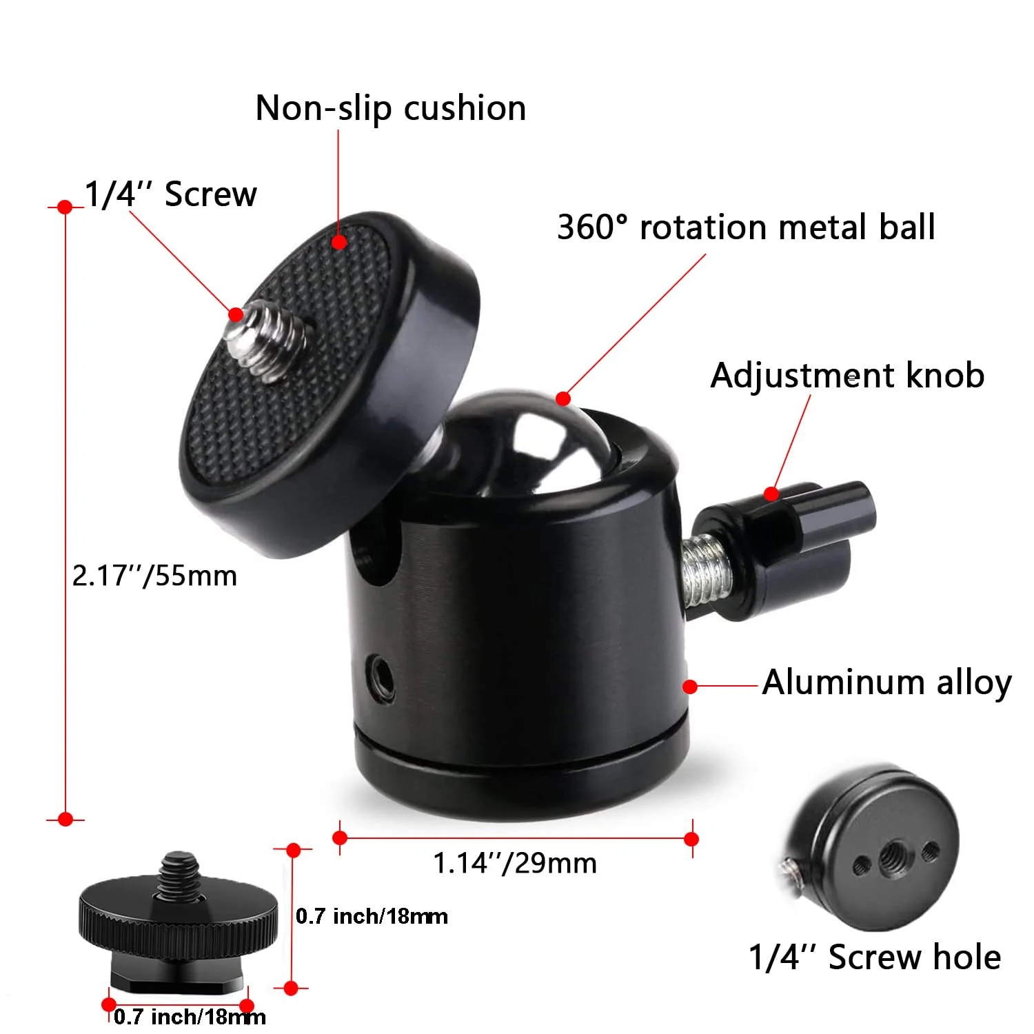 Universal 1/4" Swivel Mini Ball Head Screw Tripod Mount with Hot Shoe(2 Pack), Eszkozta 360 Degree Rotating Mount Base Adapter for DSLR Cameras HTC Vive Tripods Monopods Camcorder Light Stand… Black-Black-with Hot Shoe - Image 2