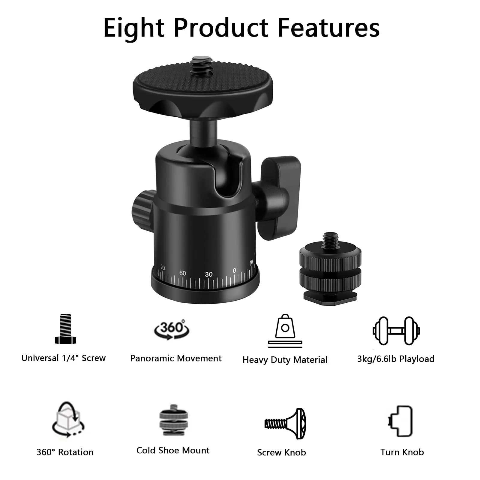 Universal 1/4" Swivel Mini Ball Head Screw Tripod Mount with Hot Shoe Mount, EszkozTA 360° Panoramic Rotating Mount Base Adapter for DSLR Cameras HTC Vive Tripods Monopods Light Stand Black - Image 2