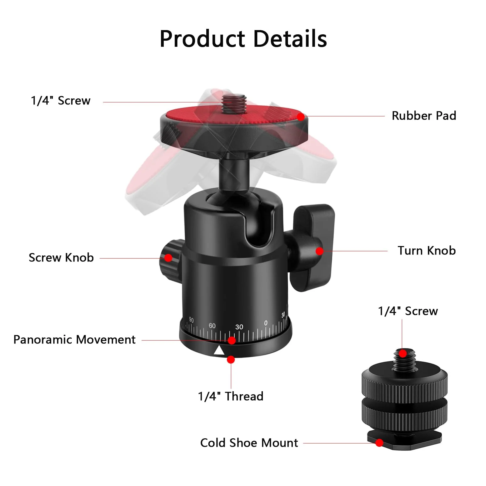 Universal 1/4" Swivel Mini Ball Head Screw Tripod Mount with Hot Shoe Mount, EszkozTA 360° Panoramic Rotating Mount Base Adapter for DSLR Cameras HTC Vive Tripods Monopods Light Stand Red - Image 3