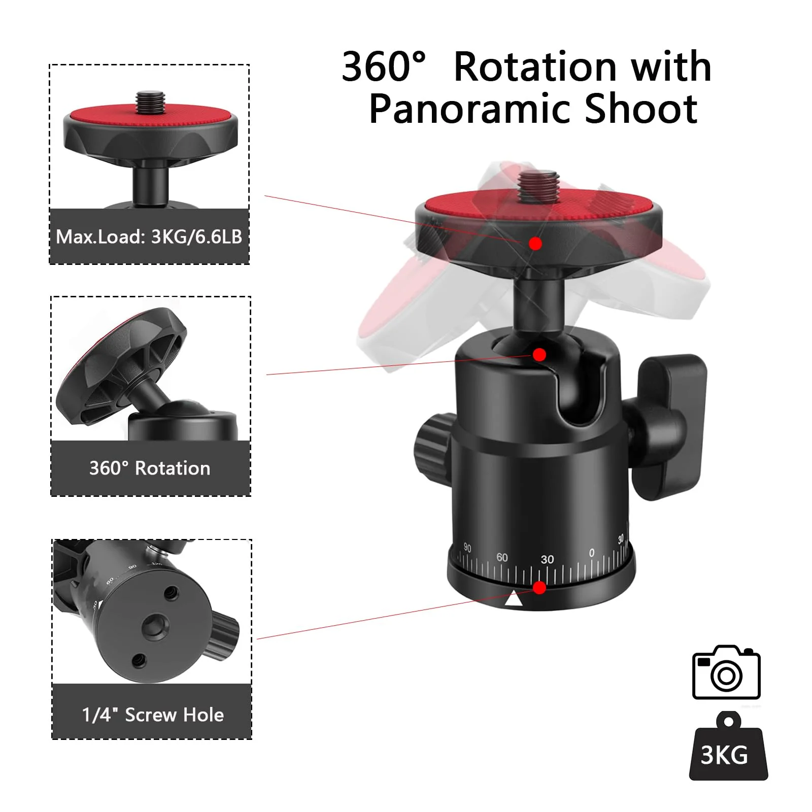 Universal 1/4" Swivel Mini Ball Head Screw Tripod Mount with Hot Shoe Mount, EszkozTA 360° Panoramic Rotating Mount Base Adapter for DSLR Cameras HTC Vive Tripods Monopods Light Stand Red - Image 4