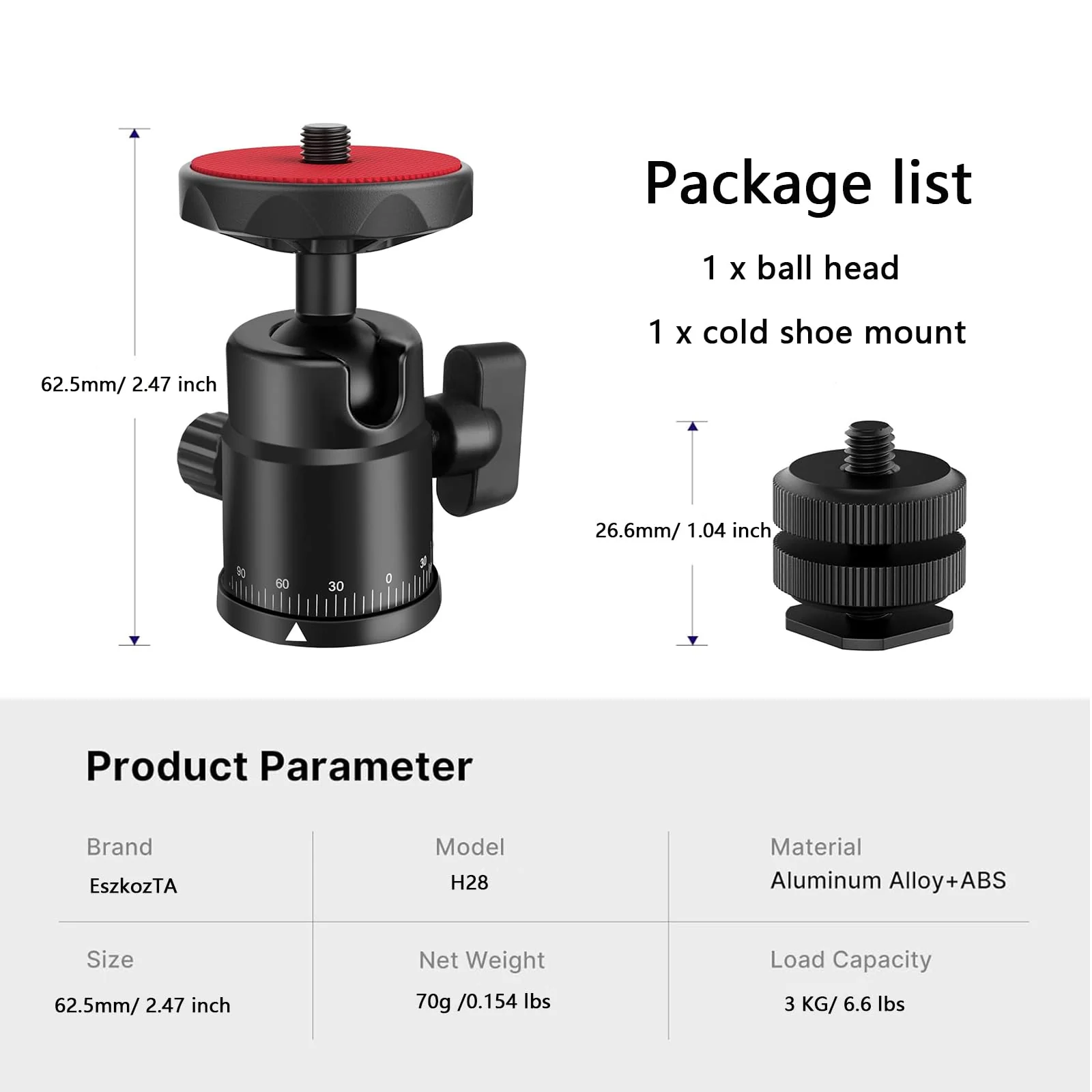 Universal 1/4" Swivel Mini Ball Head Screw Tripod Mount with Hot Shoe Mount, EszkozTA 360° Panoramic Rotating Mount Base Adapter for DSLR Cameras HTC Vive Tripods Monopods Light Stand Red - Image 6