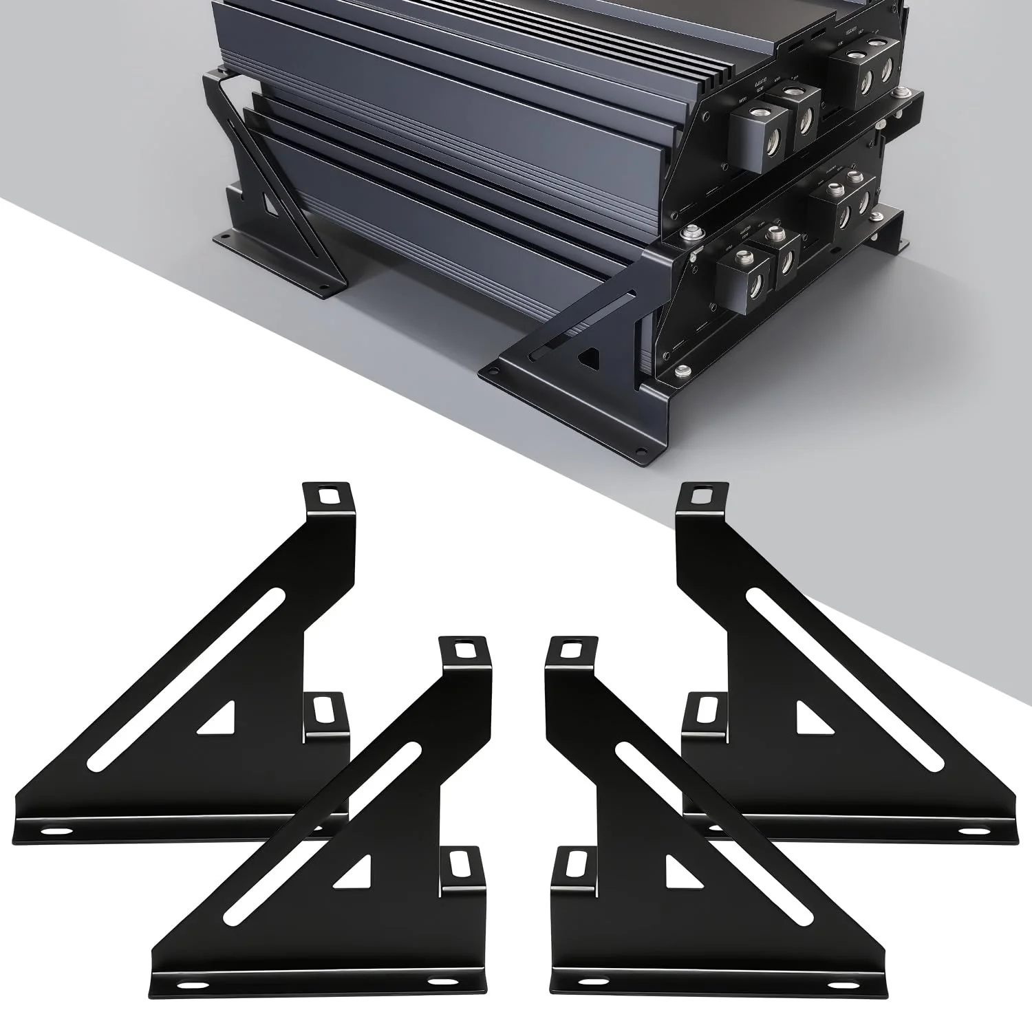 Universal 2 Amp Amplifier Rack, Audio Rack, Rack Mount Amplifier for Droppin HZ Car Audio, Amp Stand for Sound Equipment, Steel, Black Powder Coated, 24 Watts, Audio Equipment Rack