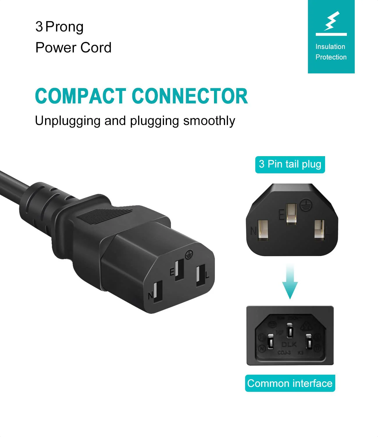 Universal 3-Prong AC Power Cable for Computer, TV, Monitor & More, 6 Feet (1.82 Meters), Black - Image 2