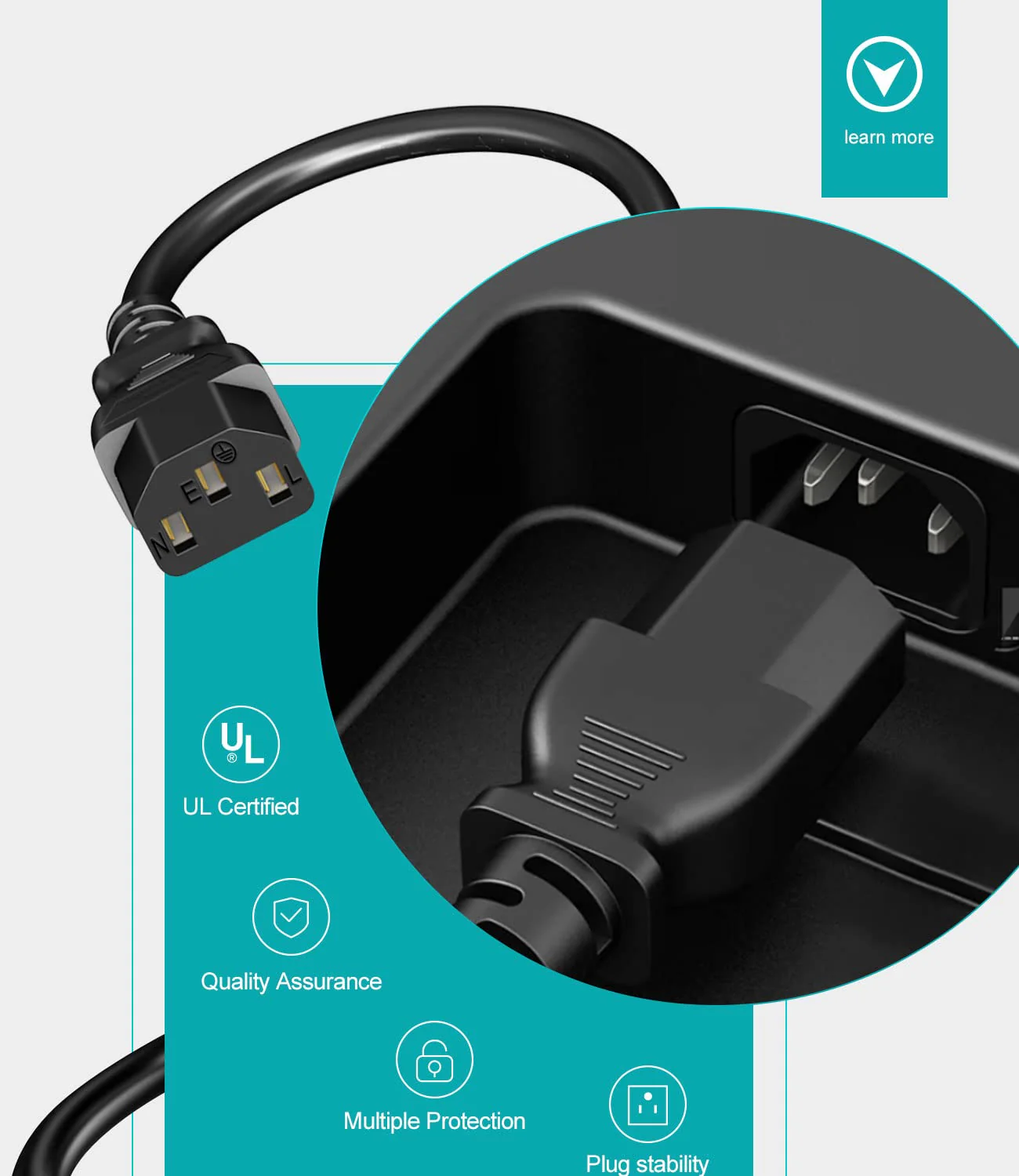 Universal 3-Prong AC Power Cable for Computer, TV, Monitor & More, 6 Feet (1.82 Meters), Black - Image 4