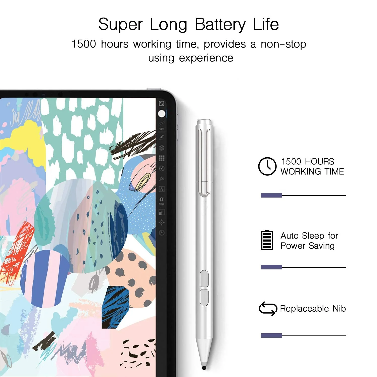 Uogic Pen for Microsoft Surface, Palm Rejection, 1024 Levels Pressure, Flex & Soft HB Nib, for Surface Pro/Go/Laptop/Book/Studio, Including 2 Spare Nibs & AAAA Battery Silver - Image 5