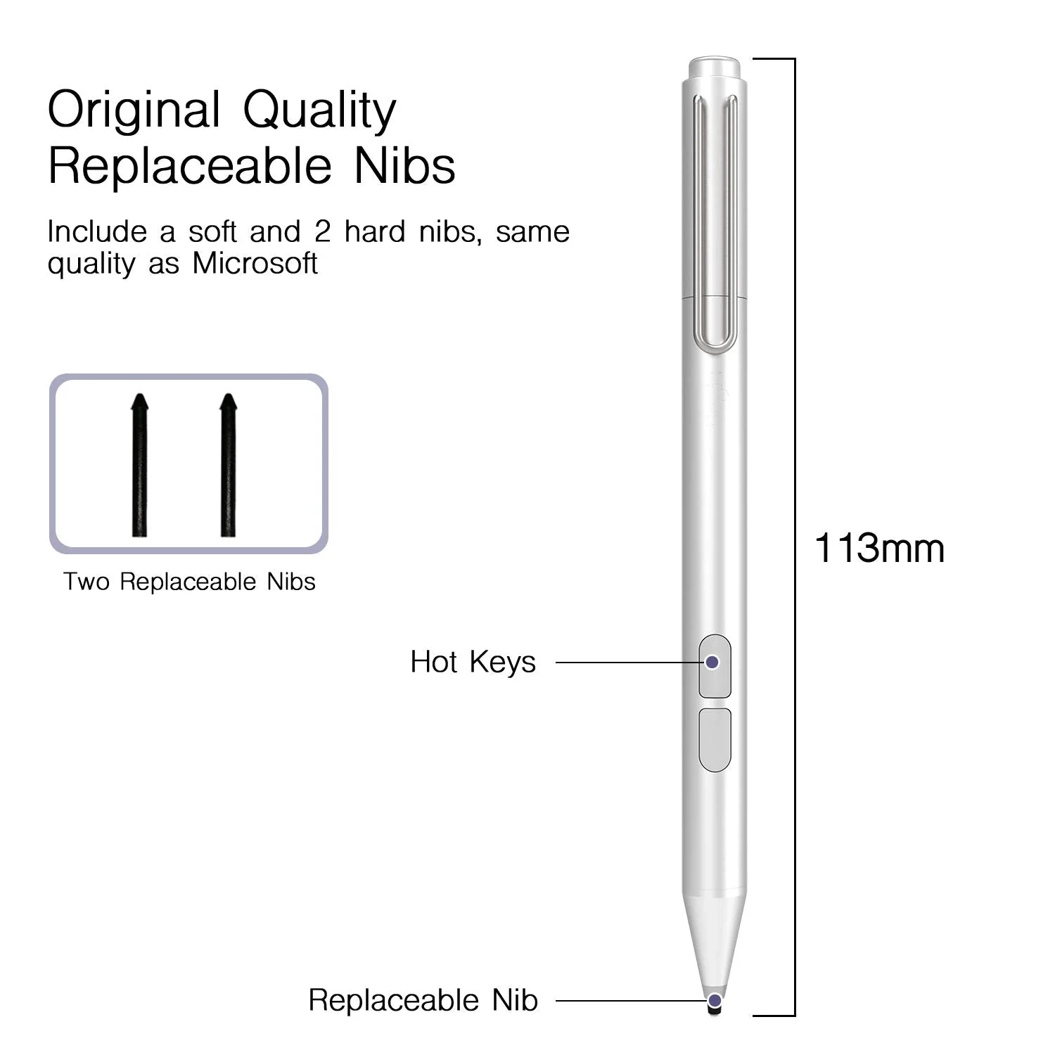Uogic Pen for Microsoft Surface, Palm Rejection, 1024 Levels Pressure, Flex & Soft HB Nib, for Surface Pro/Go/Laptop/Book/Studio, Including 2 Spare Nibs & AAAA Battery Silver - Image 7