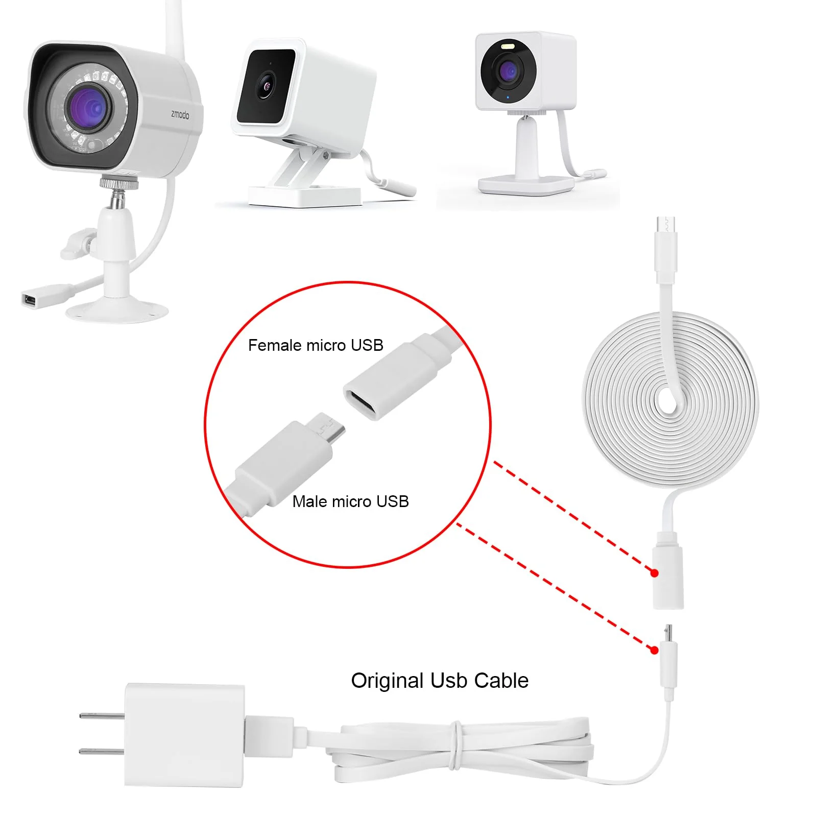 Uogw 2Pack 13.1ft/4m Micro USB Extension Cable Compatible with Zmodo,Wyze Cam V4,Wyze Cam OG,WYZE Cam Pan,Wyze Cam V3,Kasa Camera EC60,KC100,KC400,Male to Female Extender Cord,Flat Charging Cable - Image 3