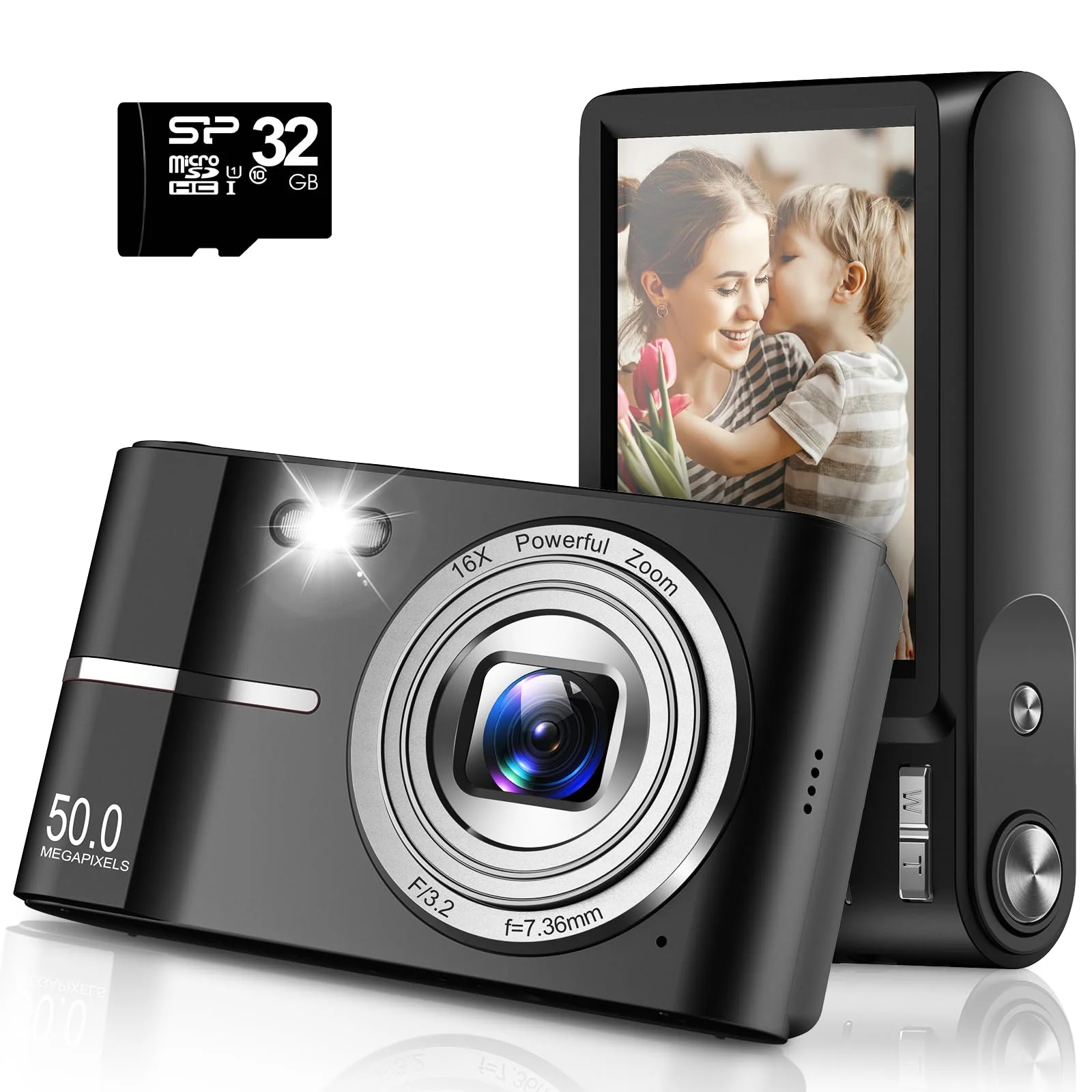 Upgrade Digital Camera, Autofocus 50MP FHD 1080P Camera for kids with 16x Zoom Anti Shake, Compact Camera for Kid Student Children Teen Girl Boy, Kids Camera with 32GB SD Card,2 Batteries-Black Black