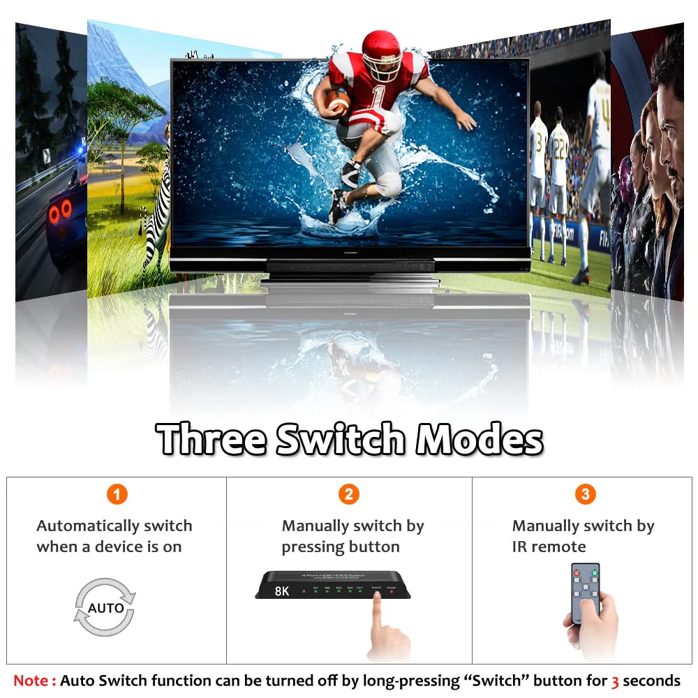 (Upgrade) SkycropHD HDMI 2.1 Switch 4K@120Hz 8K@60Hz HDMI Switcher 4 in 1 Out Support PS5, Xbox Series X, 48Gbps, HDR10+, HDCP2.3 - Image 3