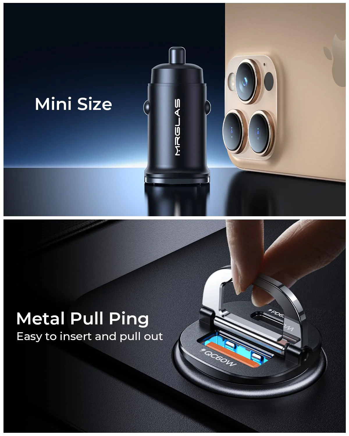 【Upgraded】 125W USB C Car Charger Super Fast Charging for iPhone 16, [PD65W & QC60W][All Metal] MRGLAS Cigarette Lighter Car Charger,Dual Port for iPhone 16 15 Pro Plus iPad Samsung S24 MacBook-Black Black - Image 4