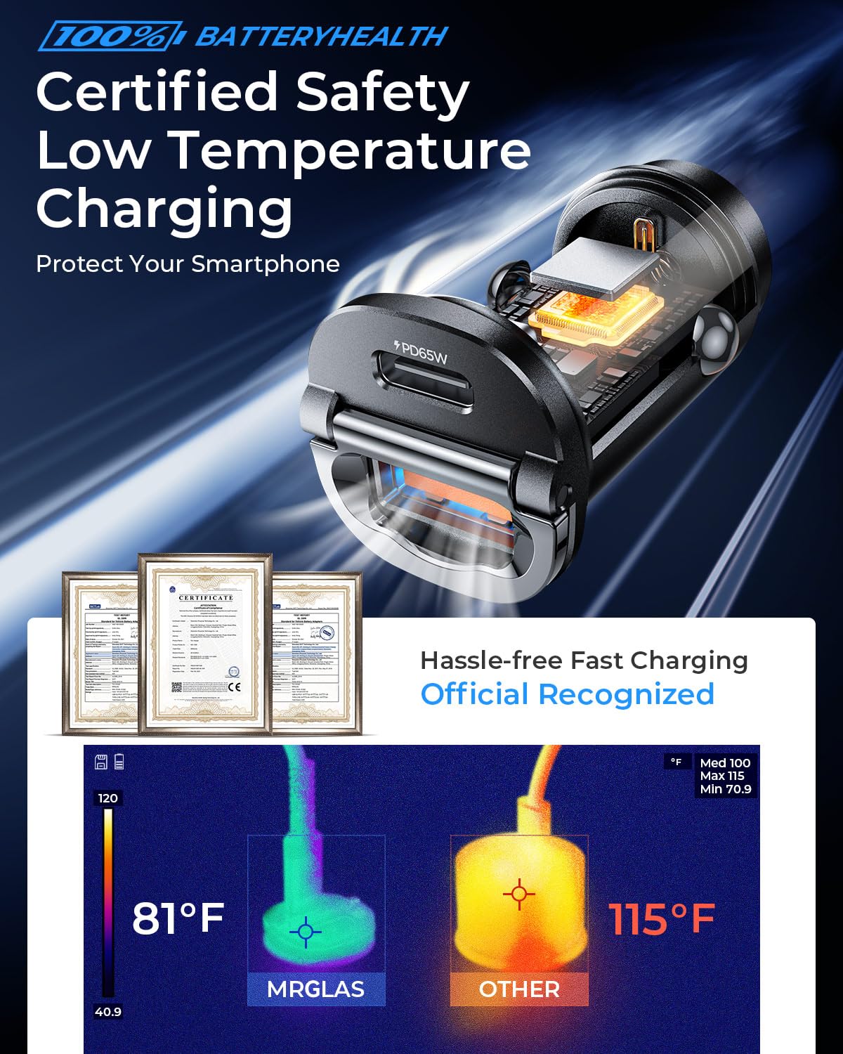 【Upgraded】 125W USB C Car Charger Super Fast Charging for iPhone 16, [PD65W & QC60W][All Metal] MRGLAS Cigarette Lighter Car Charger,Dual Port for iPhone 16 15 Pro Plus iPad Samsung S24 MacBook-Black Black - Image 6