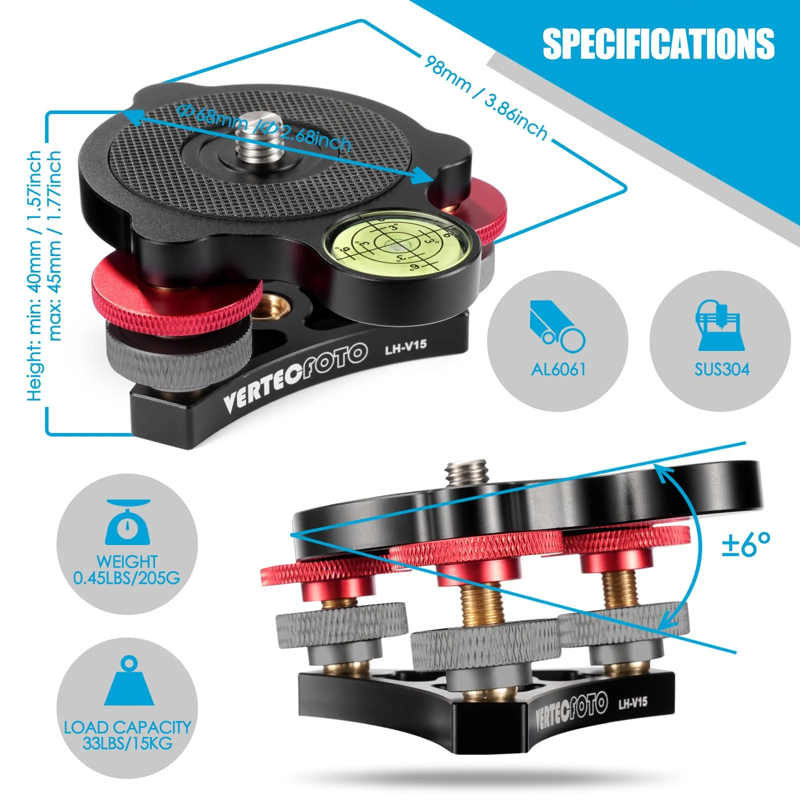 【Upgraded】 Tripod Leveling Base : Bigger Bubble Level w/Crosshair, Fine Leveling Faster; Enlarged Lock knobs, Lock Easier, Perfect for a Smart Telescope or Panos; Max Load 33 Ib - Image 5