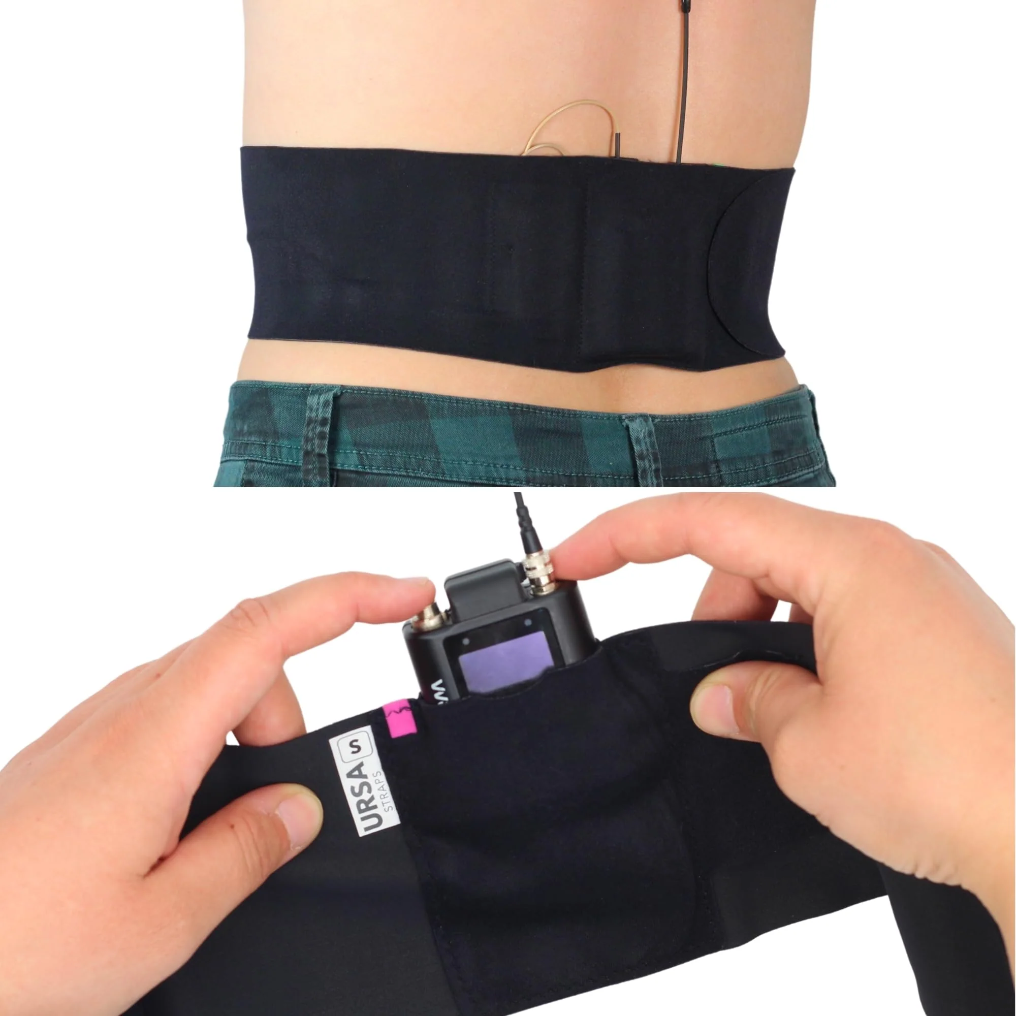 URSA Waist Strap - Ultra Slim, Breathable & Stretchy Microphone Transmitter Straps. Compatible with Most Transmitter/Receivers (Black, Medium Waist - Small Pouch)