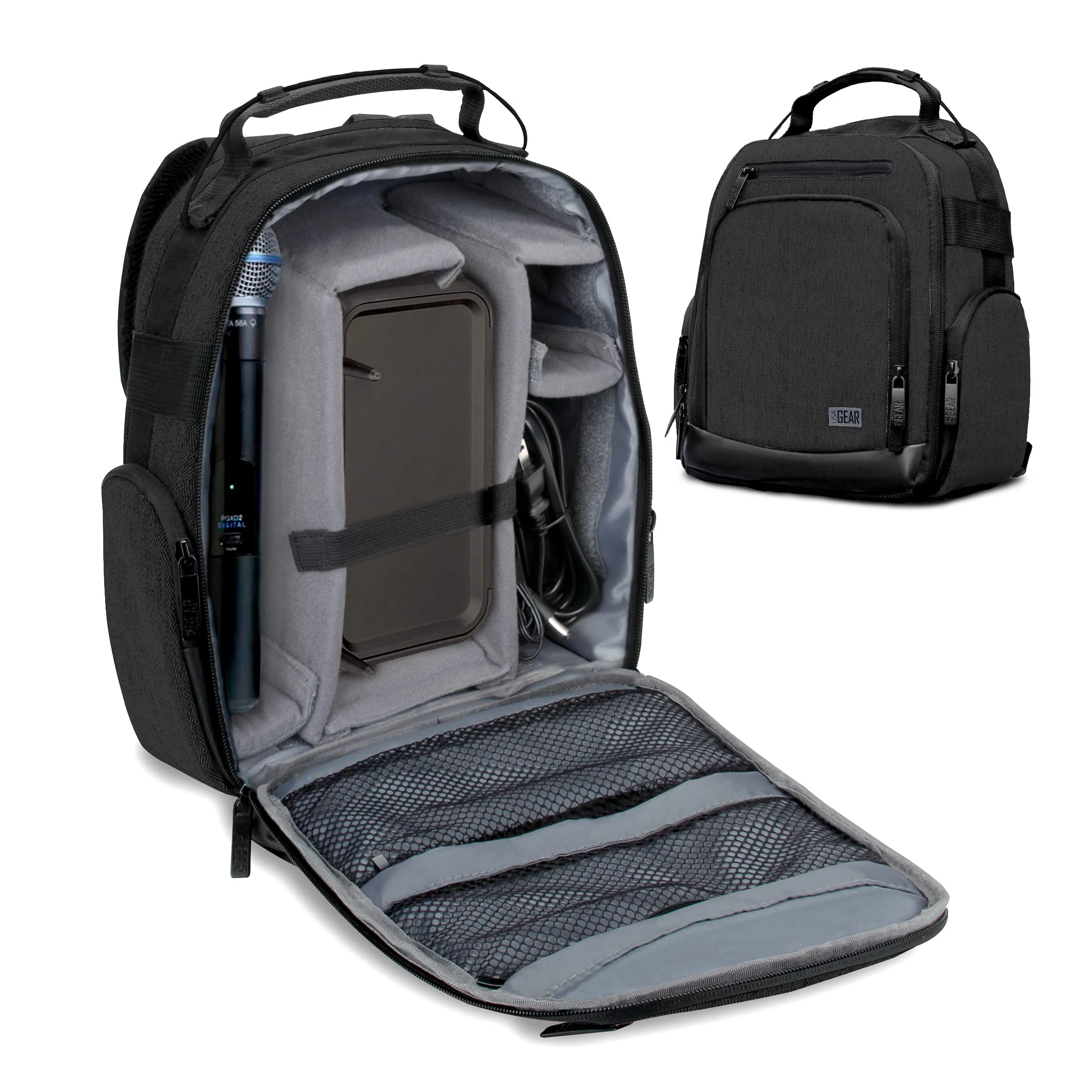 USA Gear Audio Equipment Backpack - Wireless Mic Case Compatible with Shure, Sennheiser, Audio-Technica, Rode VideoMic & more - Wireless Microphone Bag Backpack for Recording Microphones (Black) Black
