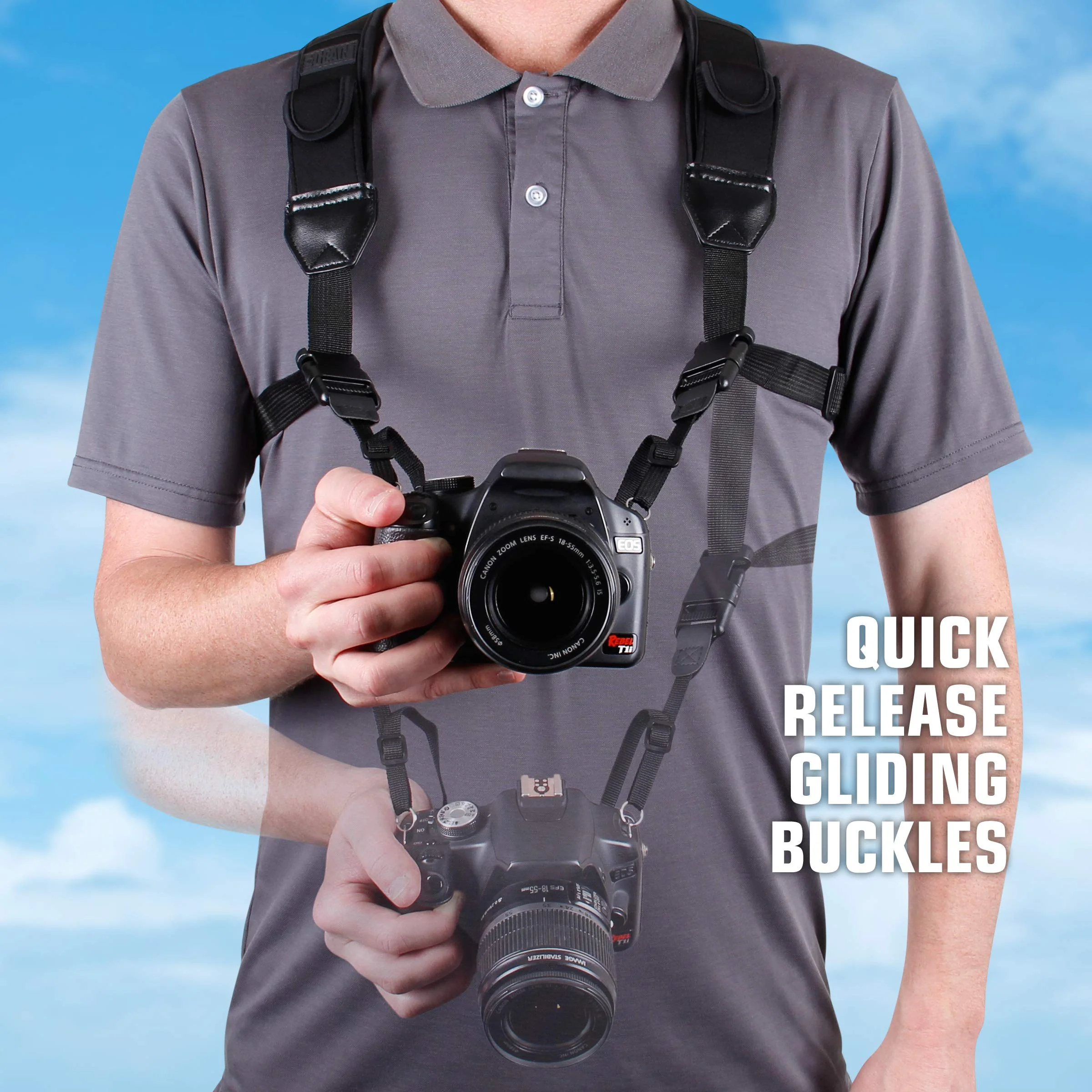 USA Gear DSLR Camera Strap Chest Harness with Quick Release Buckles, Black Neoprene Pattern and Accessory Pockets - Compatible with Canon, Nikon, Sony and More Point and Shoot and Mirrorless Cameras - Image 2