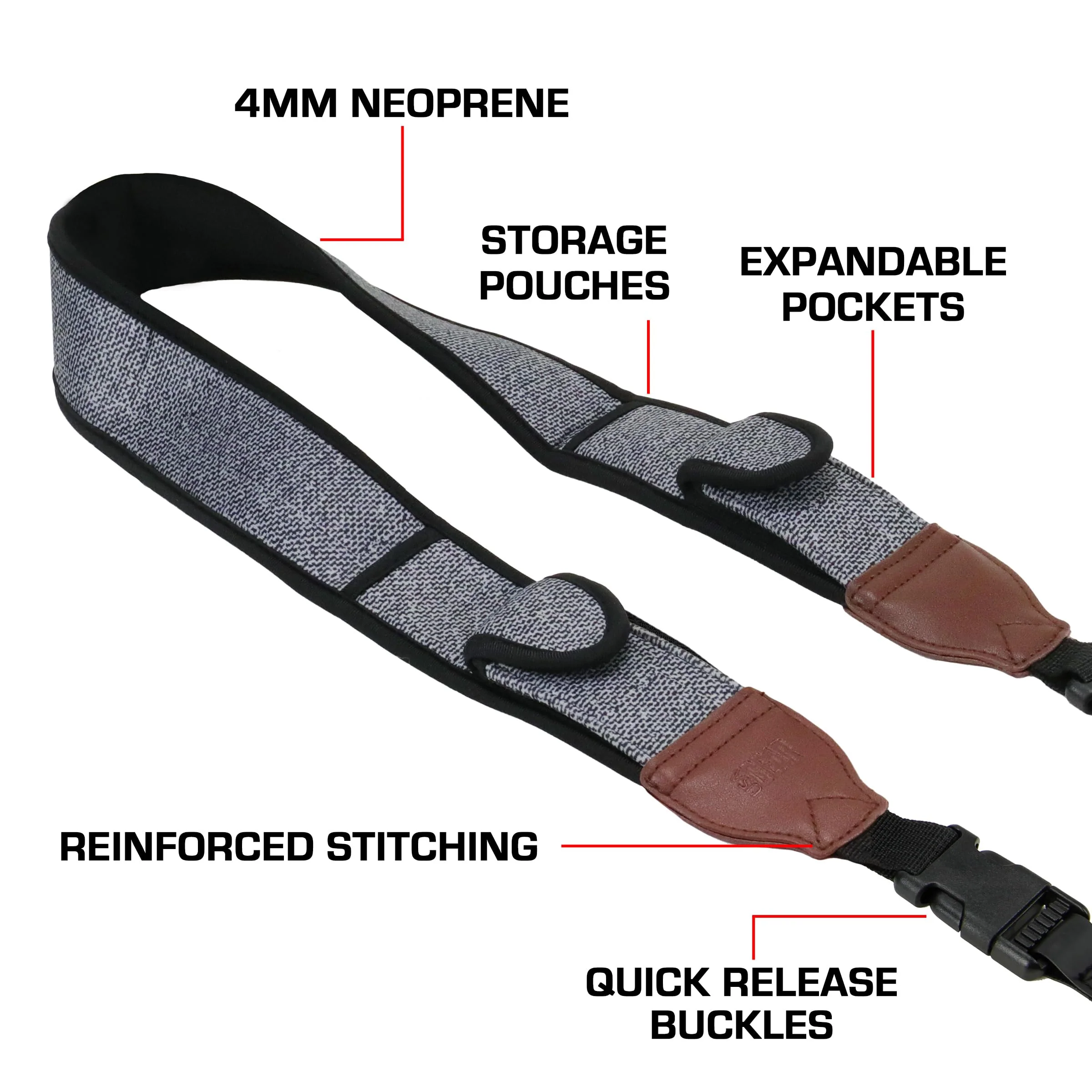 USA Gear TrueSHOT Neck Strap Neoprene Camera Straps - Padded Camera Strap, Pockets, and Release Buckles - Compatible with Canon, Nikon, Sony and More DSLR and Mirrorless Cameras (Grey Woven Pattern) - Image 3