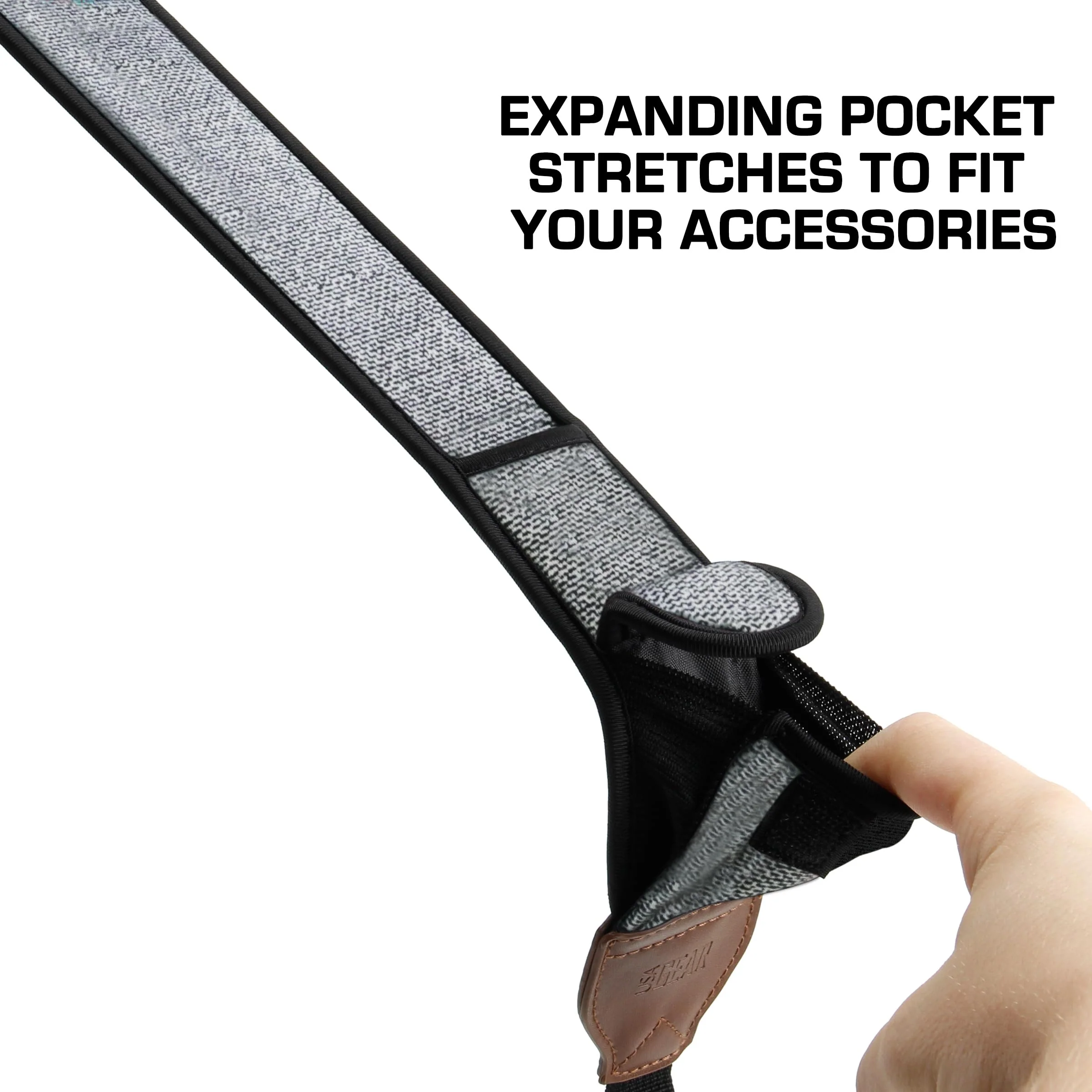 USA Gear TrueSHOT Neck Strap Neoprene Camera Straps - Padded Camera Strap, Pockets, and Release Buckles - Compatible with Canon, Nikon, Sony and More DSLR and Mirrorless Cameras (Grey Woven Pattern) - Image 4