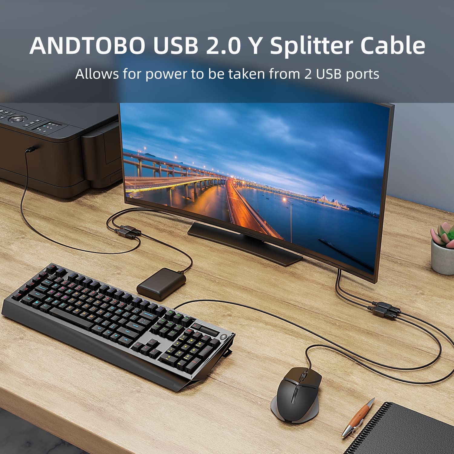 USB 2.0 A Male to 2 Dual USB Female Jack Y Splitter Hub Power Cord Extension Adapter Cable - Image 6