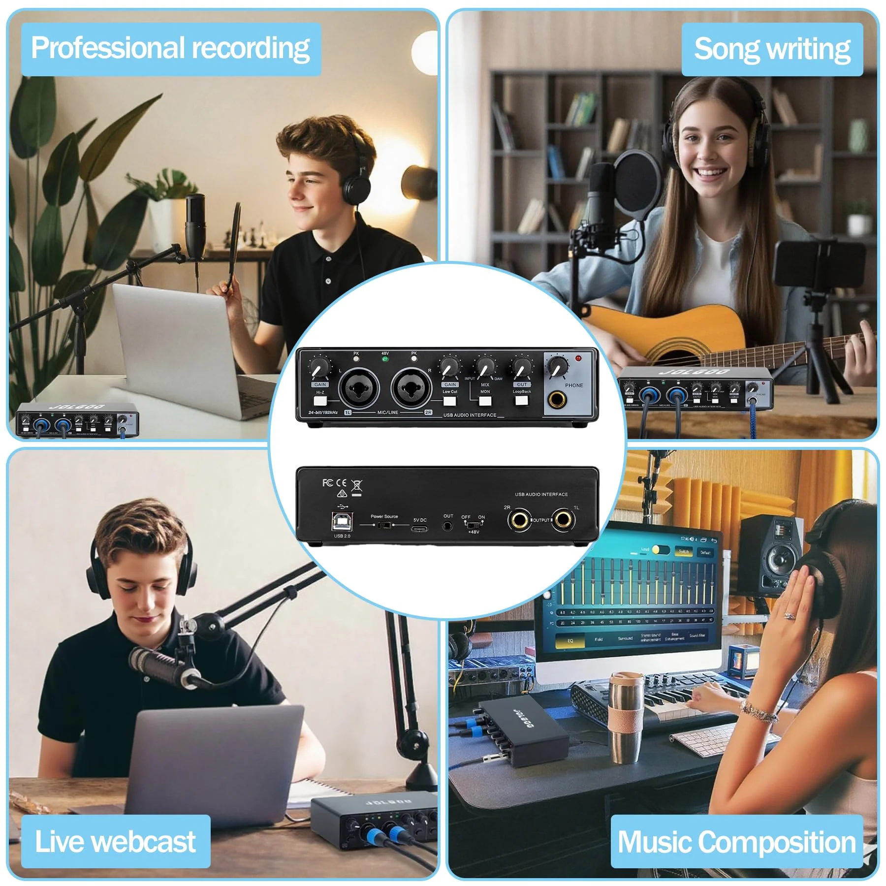 USB Audio Interface for Recording Music, 24-Bit/192kHz, Plug and Play Audio Interface for PC, Mac, and Smartphone – Low Latency, XLR/Line In, Headphone Out - Image 3