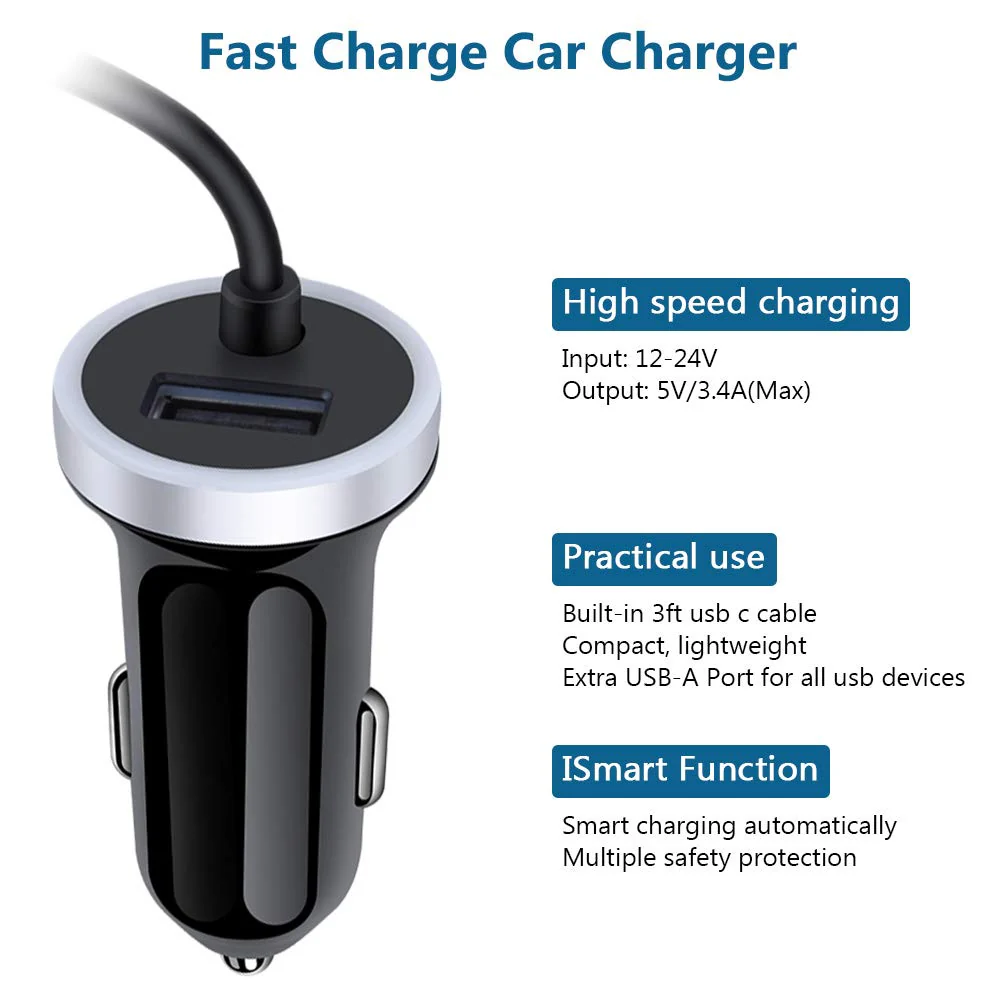 USB C Car Charger, 3.4A Fast Charging Car Adapter+3ft Type C Cable for Samsung Galaxy S21 S20 S10 Note 20 10 A10E A20 A50 A51 A01 A71 A11, LG Stylo 6/5/4 G8 G7 V60 ThinQ Moto G8 G7 Google Pixel 4 3a - Image 3