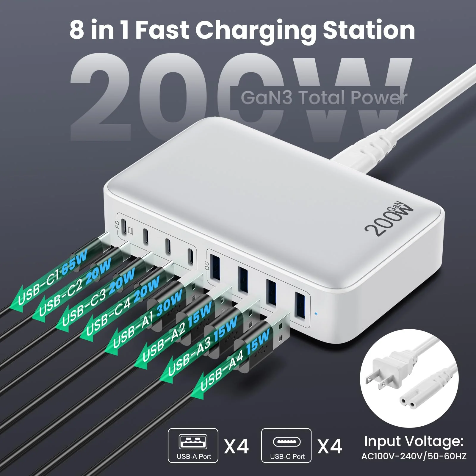 USB C Charger 200W USB C Charger Block,Upgraded GaN III 8-Port Fast Charging Station Hub,PD 65W Laptop Charger Adapter Compatible with MacBook Pro/Air,DELL,Steam Deck,iPhone 16/15/14,Galaxy S23/22 etc A-White - Image 3