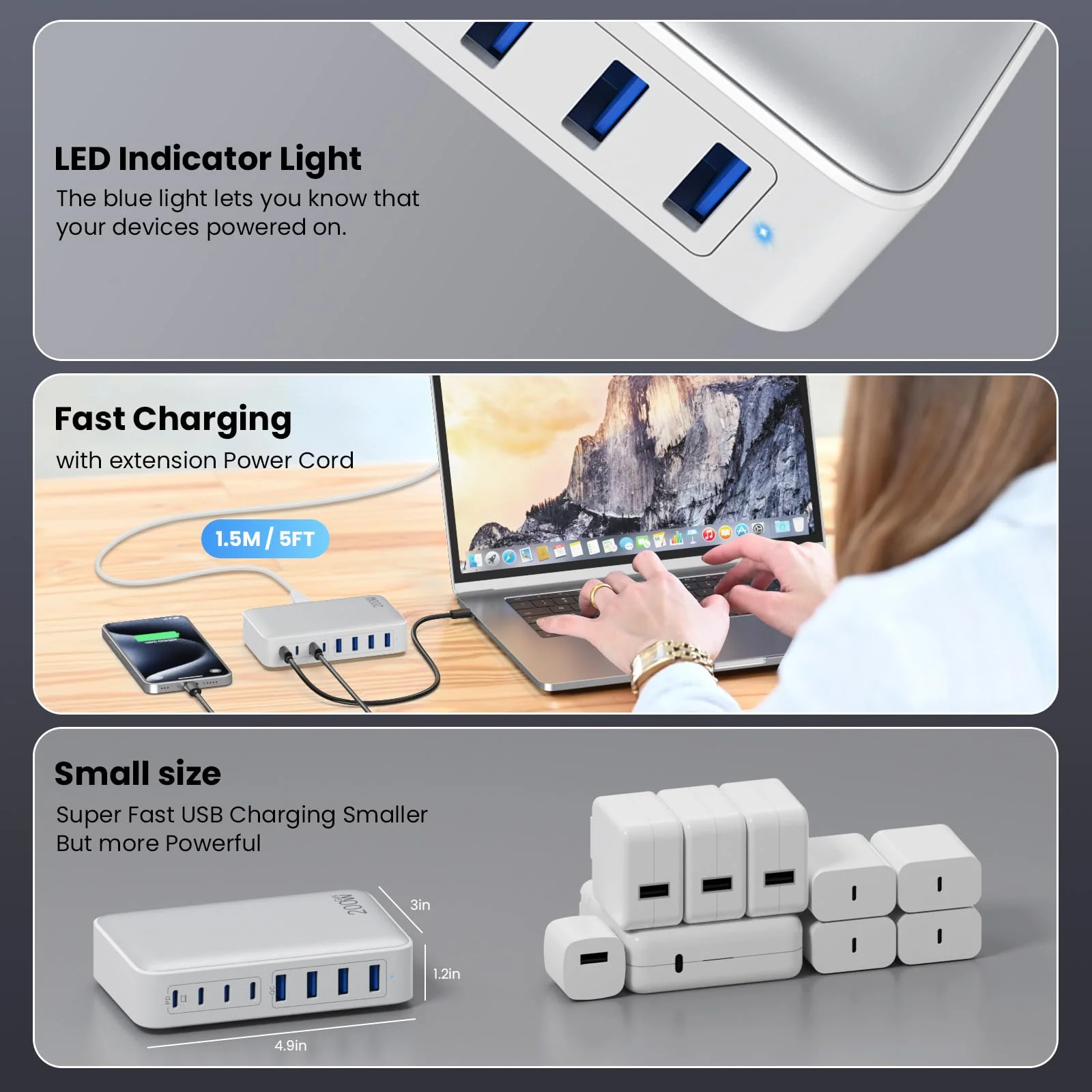 USB C Charger 200W USB C Charger Block,Upgraded GaN III 8-Port Fast Charging Station Hub,PD 65W Laptop Charger Adapter Compatible with MacBook Pro/Air,DELL,Steam Deck,iPhone 16/15/14,Galaxy S23/22 etc A-White - Image 5