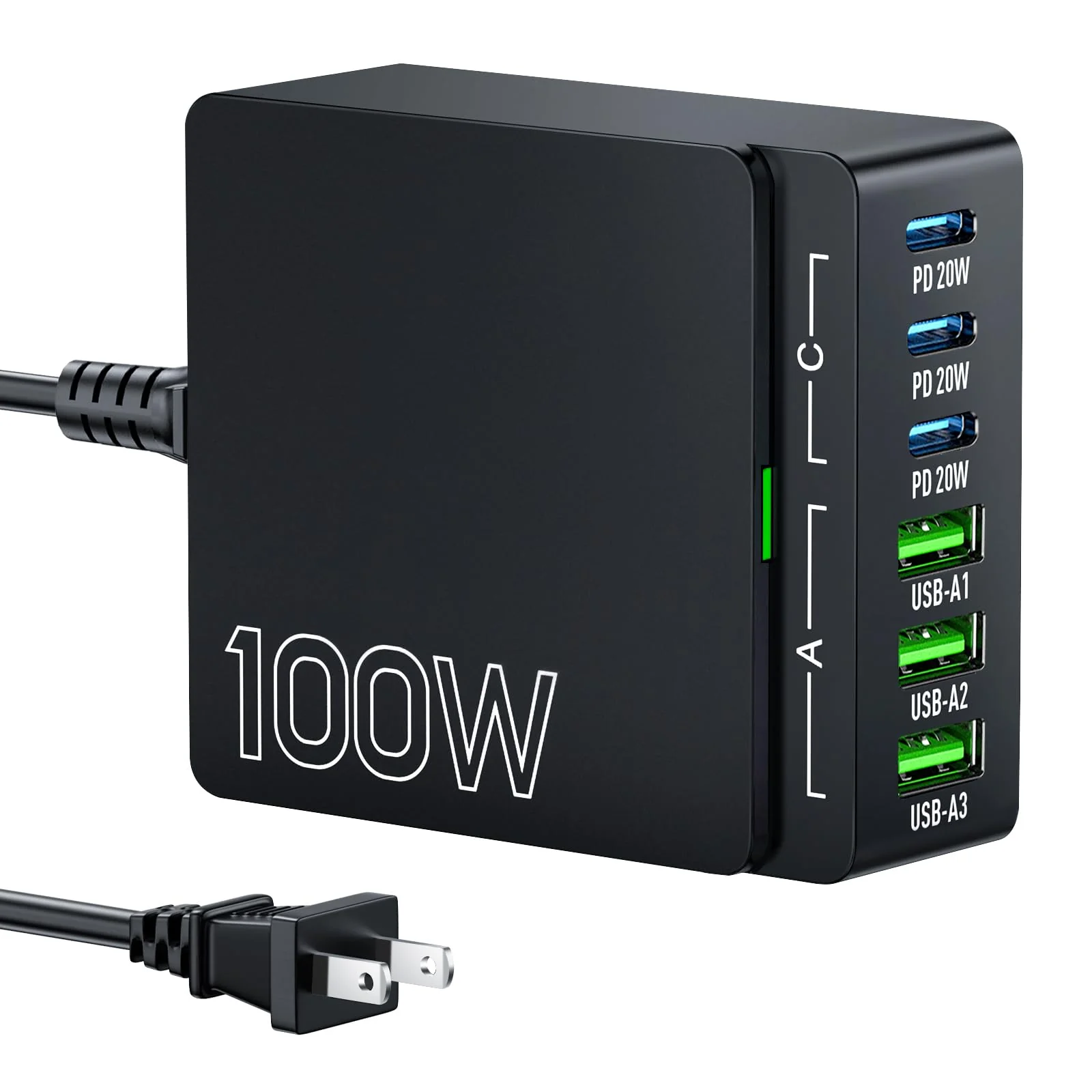 USB C Charger Block Charging Station: 100W 6 Port GaN Fast Charging Brick Hub Cube Box - PD 3.0 Type C & USB A Wall Charger Power Adapter for iPhone 16 Pro Max iPad Samsung Android Pixel Black