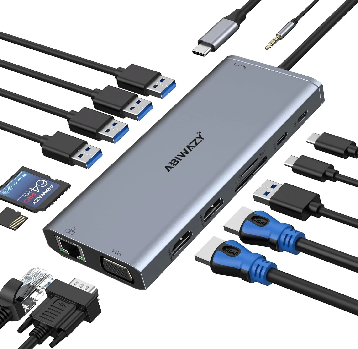 USB C Docking Station Dual Monitor for Dell/HP/Lenovo/Surface Laptop, 14 in 1 Triple Display Hub Multiple Adapter, Dongle with 2 HDMI 4K+VGA+5 Port+100W PD Charger+Ethernet+SD/TF+Audio 14 IN 1 (2HDMI+VGA) USB C Docking Station