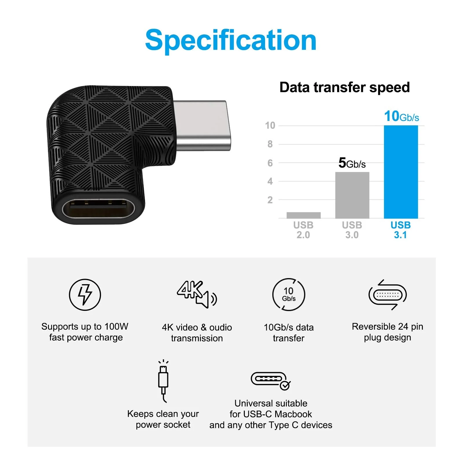 USB C Right Angle Adapter,90 Degree USB C to USB Type-C Male to Female Adapter (3 Pack). Support USB-C 3.1 PD 100W Quick Charge 480Mb/s Data Transfer,for Laptop & Tablet & Mobile Phone -Black - Image 5