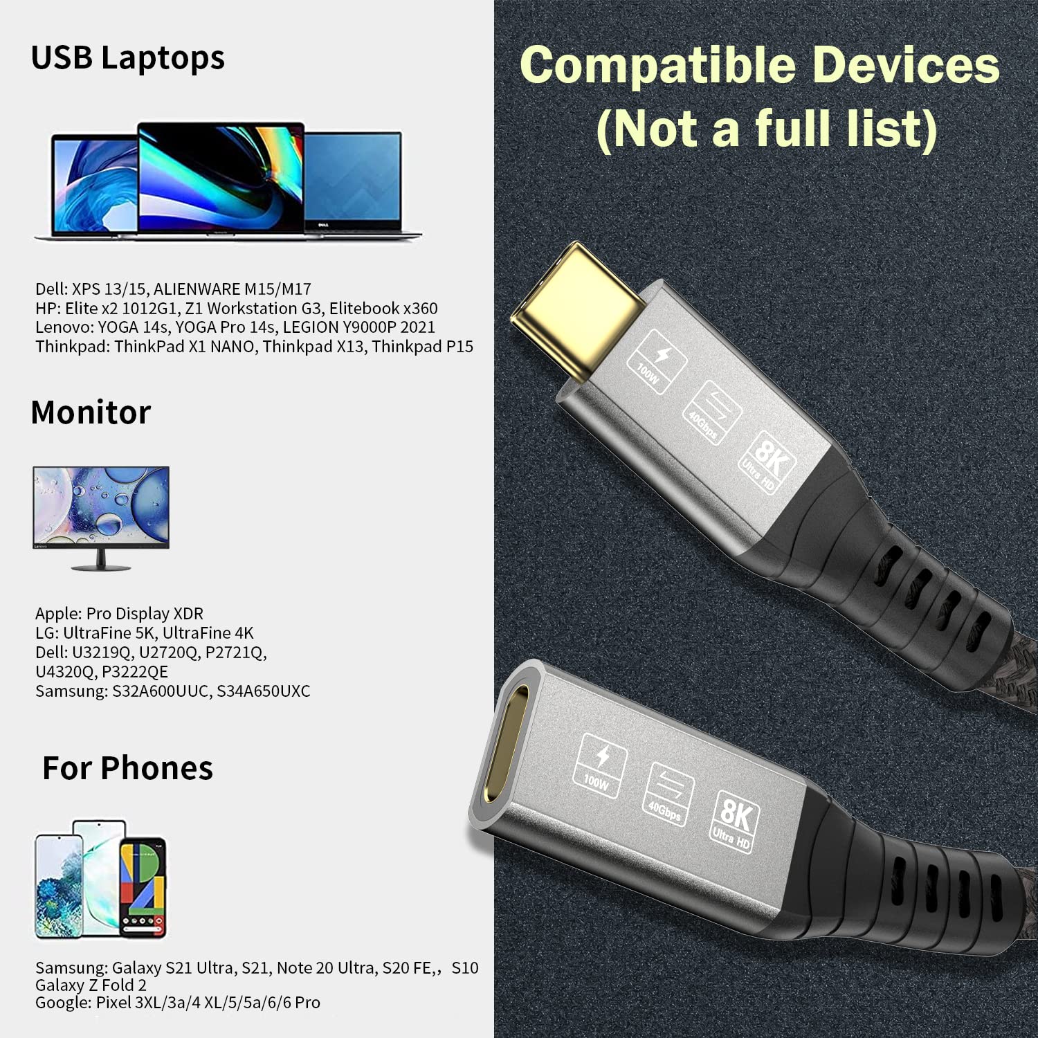 USB C Thunderbolt 4 Extension Cable, 40Gbps Transfer / 8K Display / 100W Charging Compatible with Thunderbolt 4/3, USB4/3, Type C, for Mac MacBook Pro, External SSD eGPU Extender m/f 2.6 ft Extension Cable 2.6ft Male to Female - Image 8