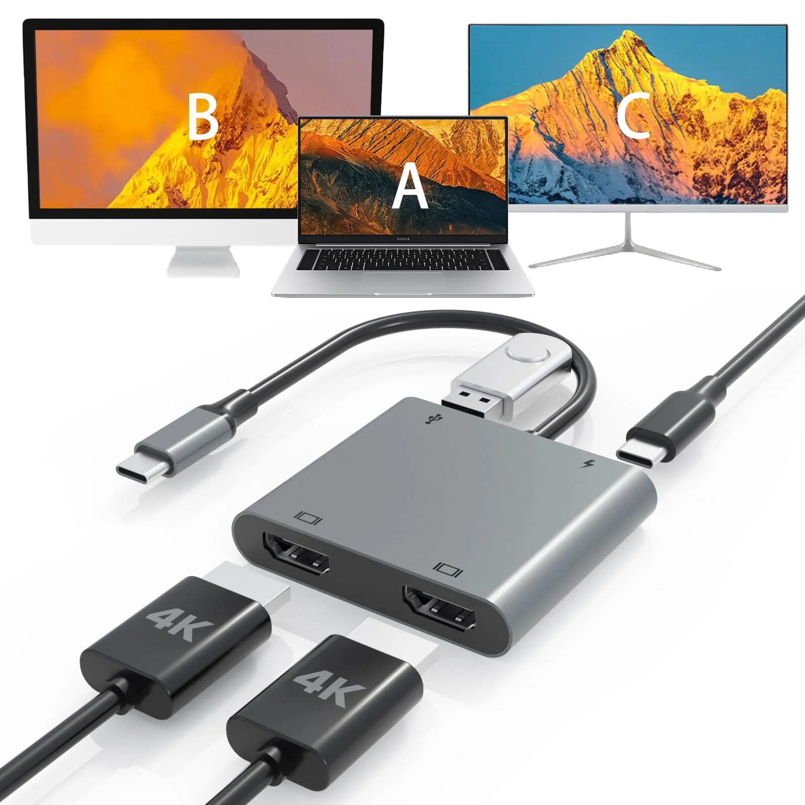 USB C to Dual HDMI Adapter, USB C Hub with 2 HDMI, Dual 4K@60Hz with 100W PD, USB-A, Laptop Dual Monitor Support USB C to HDMI Splitter Extended Display for USB C Device(MST is not Supported on MacOS) 4 in1 USB C HUB