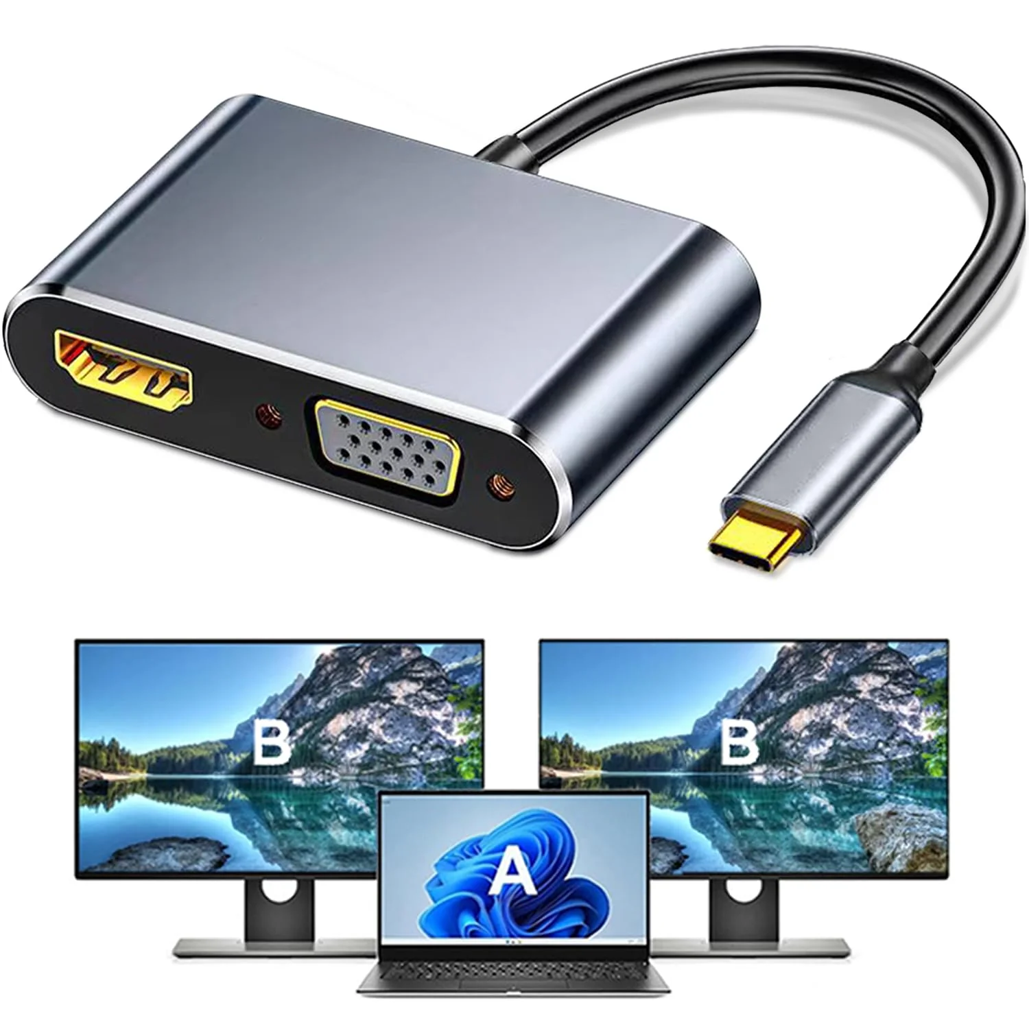 USB C to HDMI+VGA Adapter for Dual Monitor, USB C to VGA USB-C Thunderbolt 3/4 to HDMI Adapter 2 in 1, 4K UHD Display Video Converter Compatible with MacBook, XPS, ASUS, iPhone 16/15, More