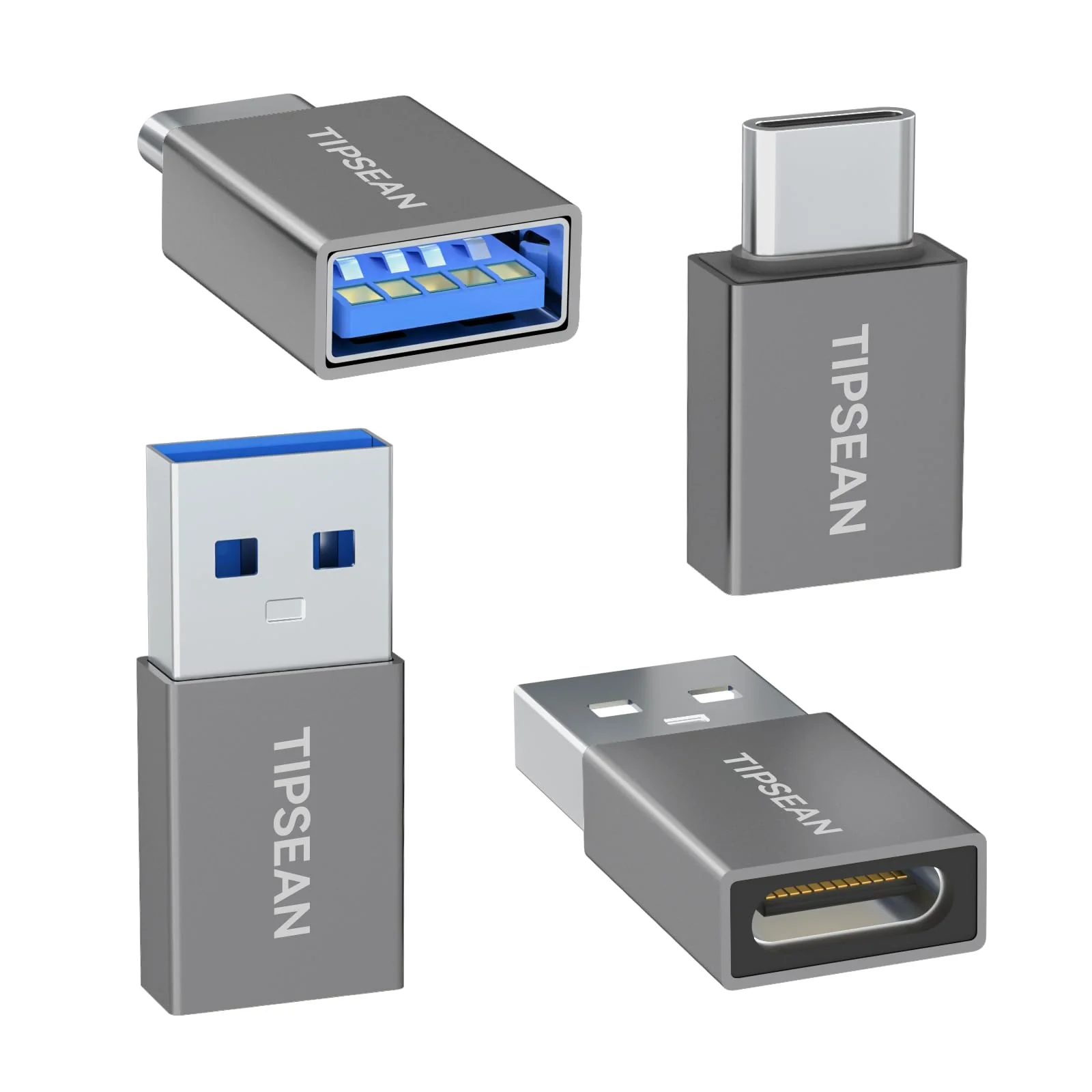 USB C to USB Adapter 4-Pack, [2 Type C Female to A Male Charger Converters] & [2 USB C Male to USB Female], for Apple Watch Ultra 8 9, iPhone 15 Pro Max 14 13 12, AirPods Gray