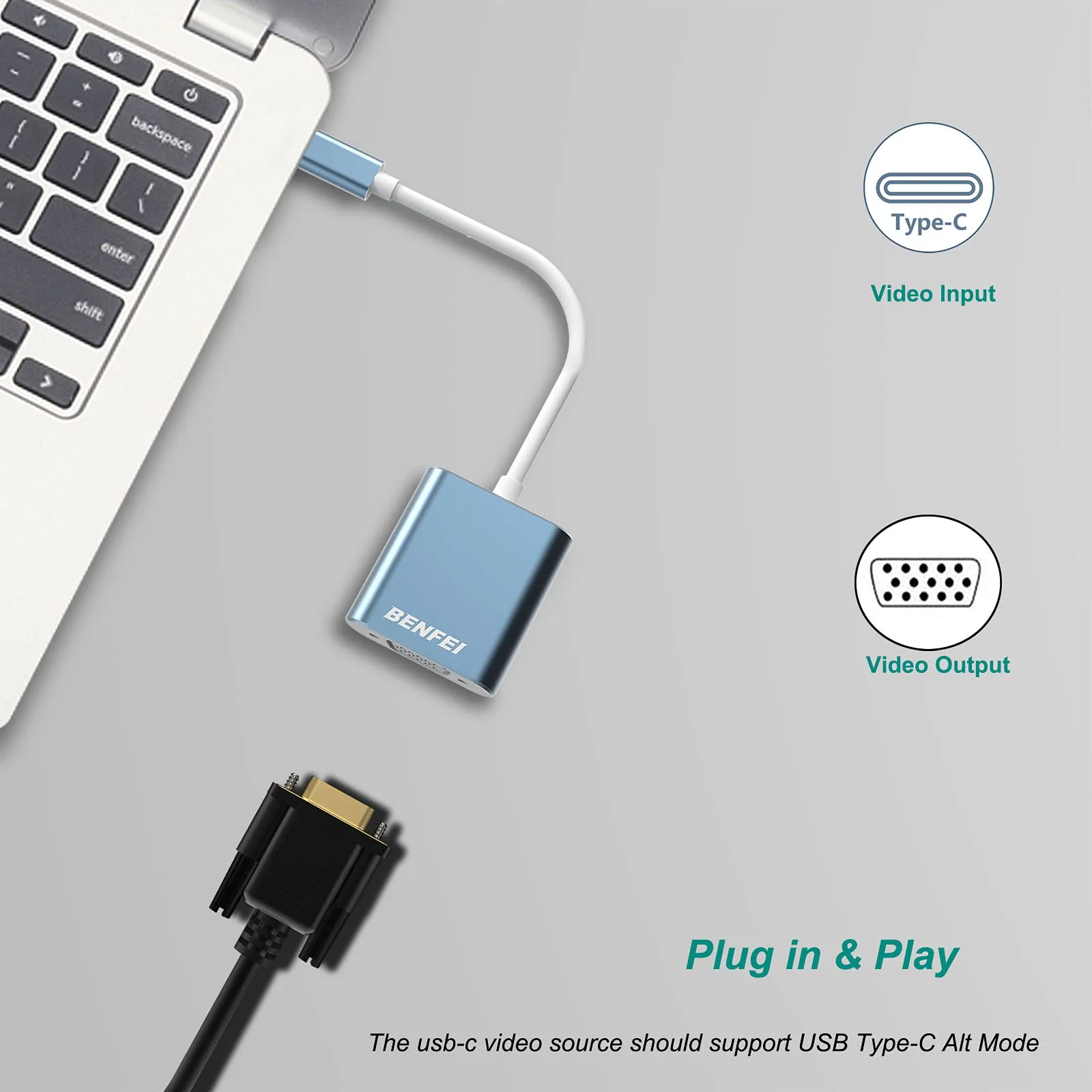 USB-C to VGA Adapter, Benfei Thunderbolt 3 (USB Type C) to VGA Adapter Male to Female Converter Compatible for Apple New MacBook [2017 ,2016] - Image 5