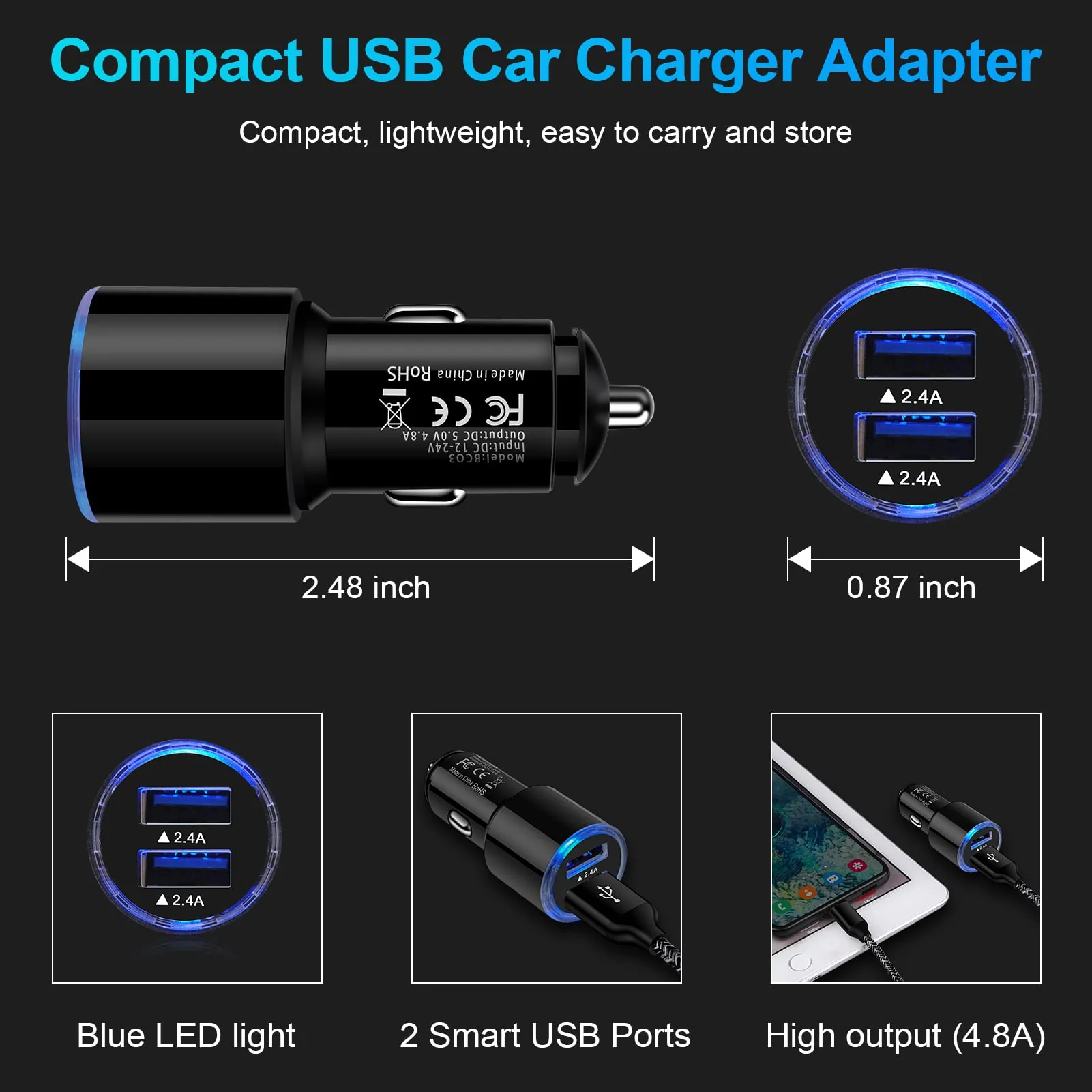 USB Car Charger, 2Pack 4.8A Fast Charging Dual Port USB Cigarette Lighter Adapter for iPhone 15 14 13 12 11 Pro Max SE XR X 8 7 6, iPad, Samsung Galaxy S23 S22 S21 S20 S10 S9 S8 S7 A51,Android,Kindle - Image 5