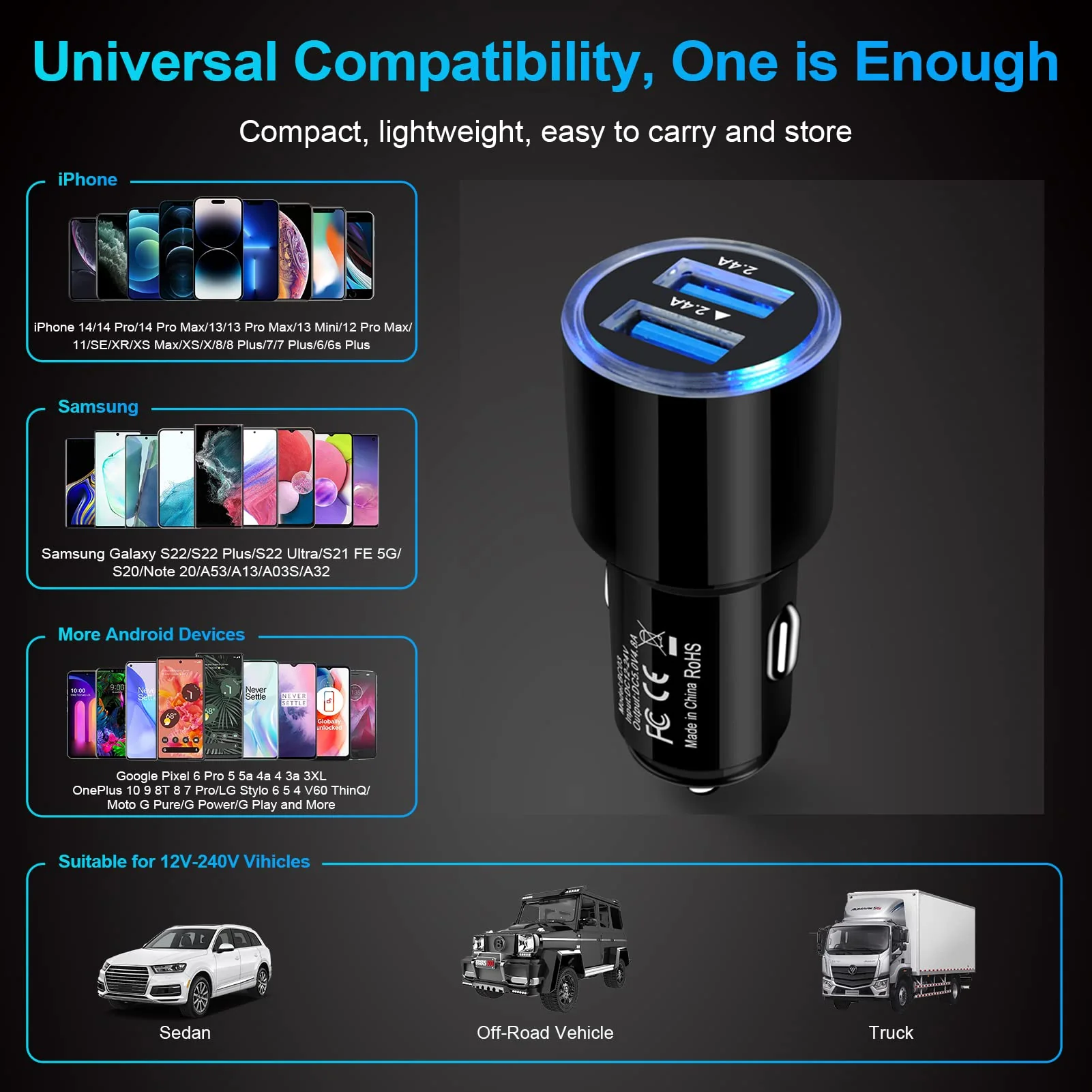 USB Car Charger, 2Pack 4.8A Fast Charging Dual Port USB Cigarette Lighter Adapter for iPhone 15 14 13 12 11 Pro Max SE XR X 8 7 6, iPad, Samsung Galaxy S23 S22 S21 S20 S10 S9 S8 S7 A51,Android,Kindle - Image 7