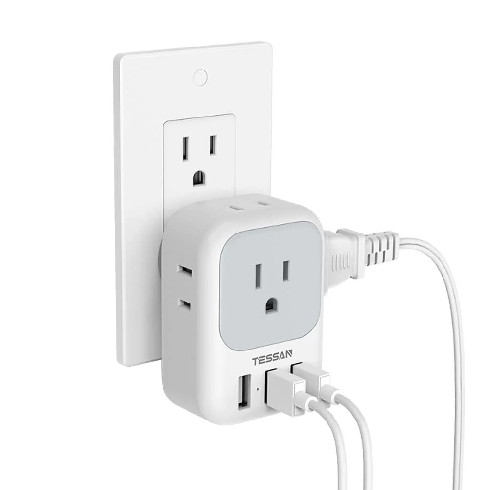 USB Charger Block, TESSAN USB Plug Adapter with Electrical 4 Box Splitter 3 USB Wall Charger Ports, Multi Plug Outlet Extender Charging for Cruise, Travel, Office, Dorm Essentials Grey USB-A