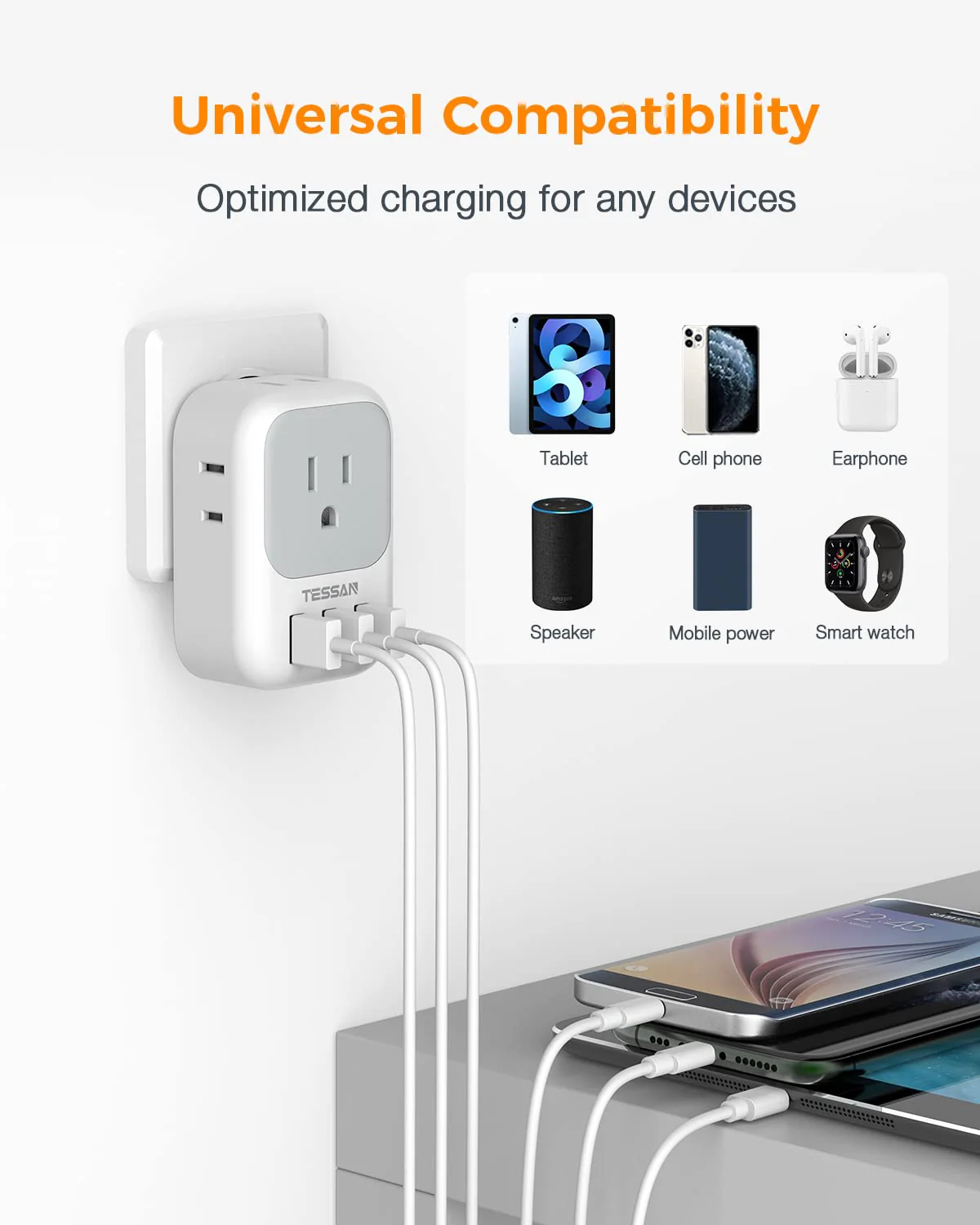 USB Charger Block, TESSAN USB Plug Adapter with Electrical 4 Box Splitter 3 USB Wall Charger Ports, Multi Plug Outlet Extender Charging for Cruise, Travel, Office, Dorm Essentials Grey USB-A - Image 2