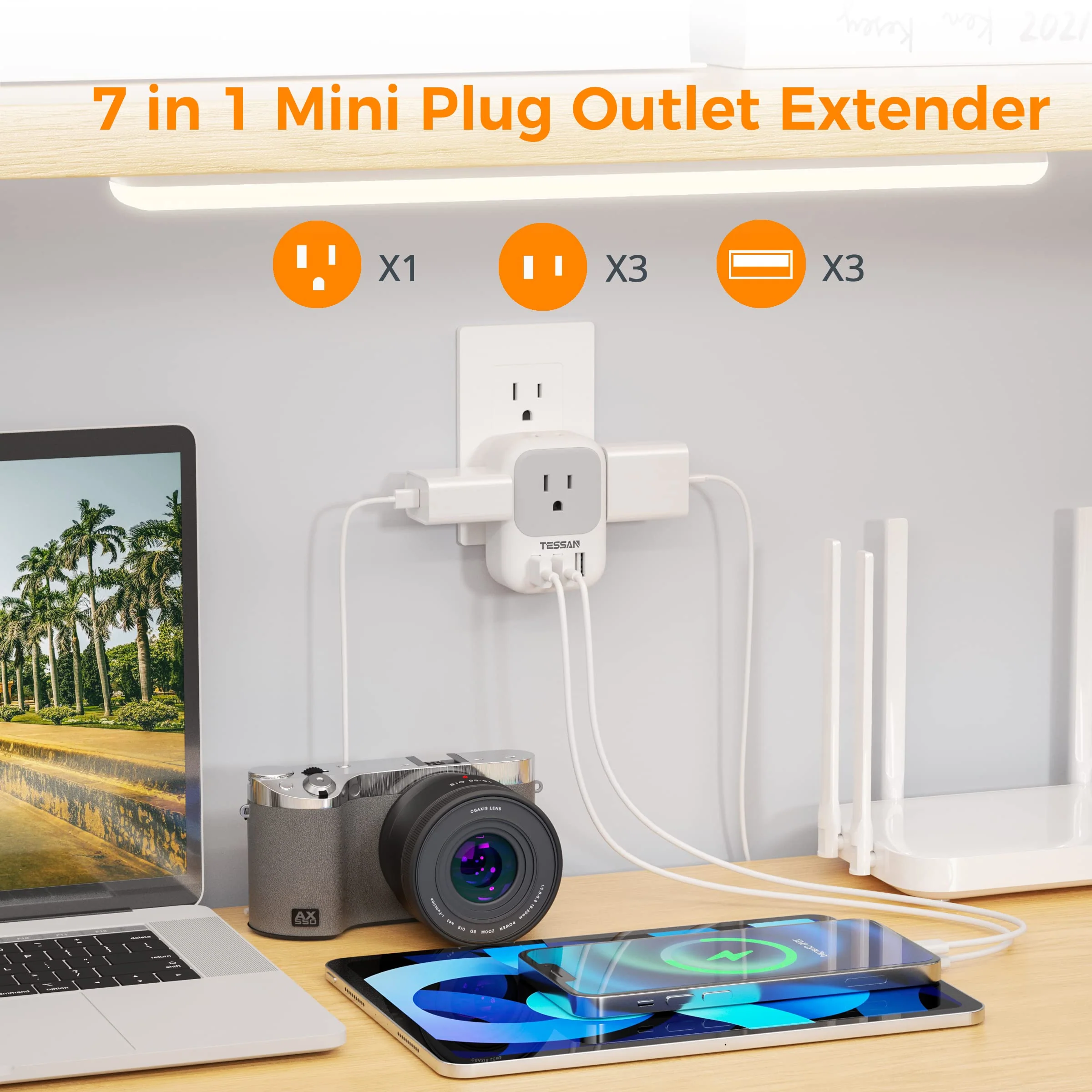 USB Charger Block, TESSAN USB Plug Adapter with Electrical 4 Box Splitter 3 USB Wall Charger Ports, Multi Plug Outlet Extender Charging for Cruise, Travel, Office, Dorm Essentials Grey USB-A - Image 3