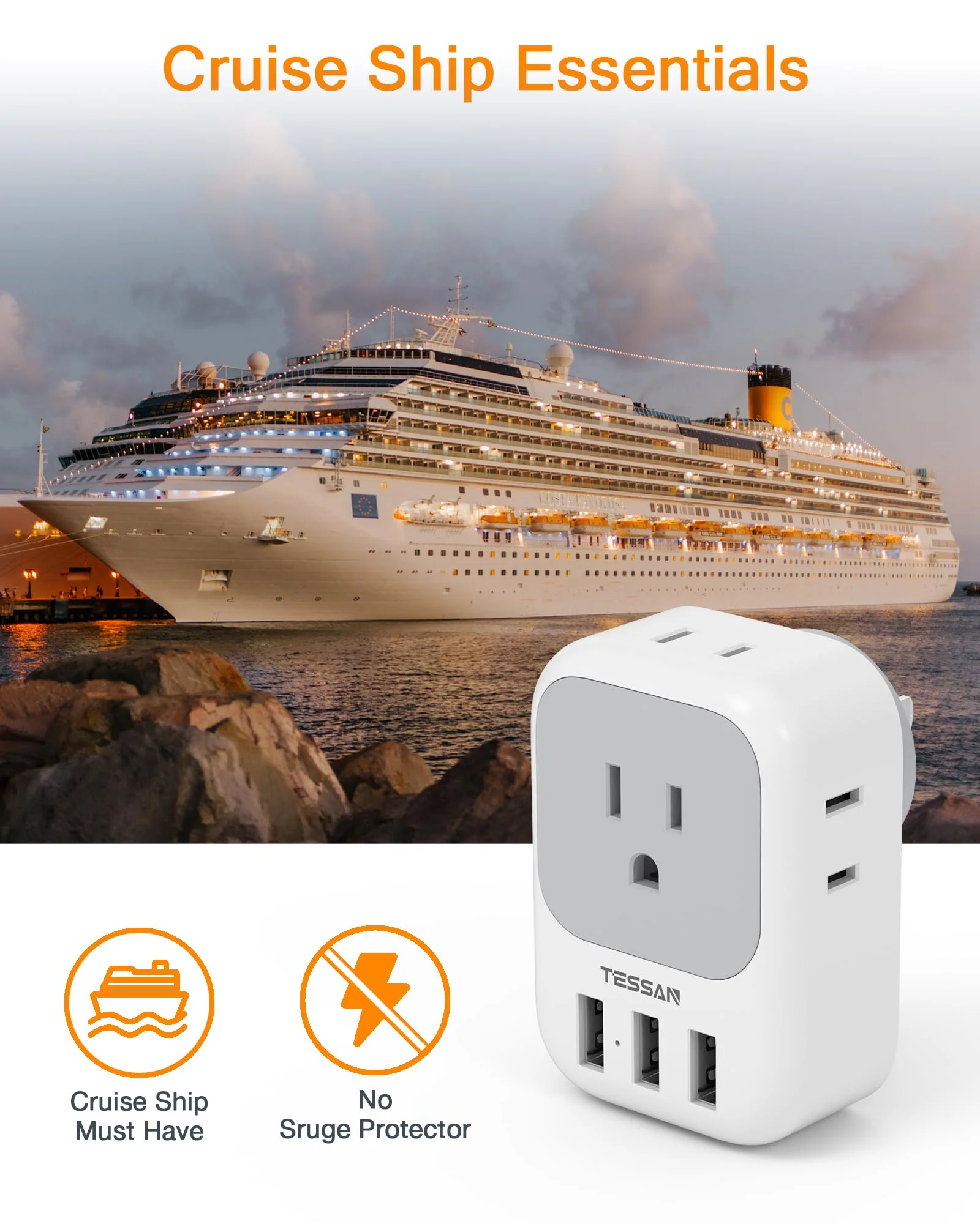 USB Charger Block, TESSAN USB Plug Adapter with Electrical 4 Box Splitter 3 USB Wall Charger Ports, Multi Plug Outlet Extender Charging for Cruise, Travel, Office, Dorm Essentials Grey USB-A - Image 4