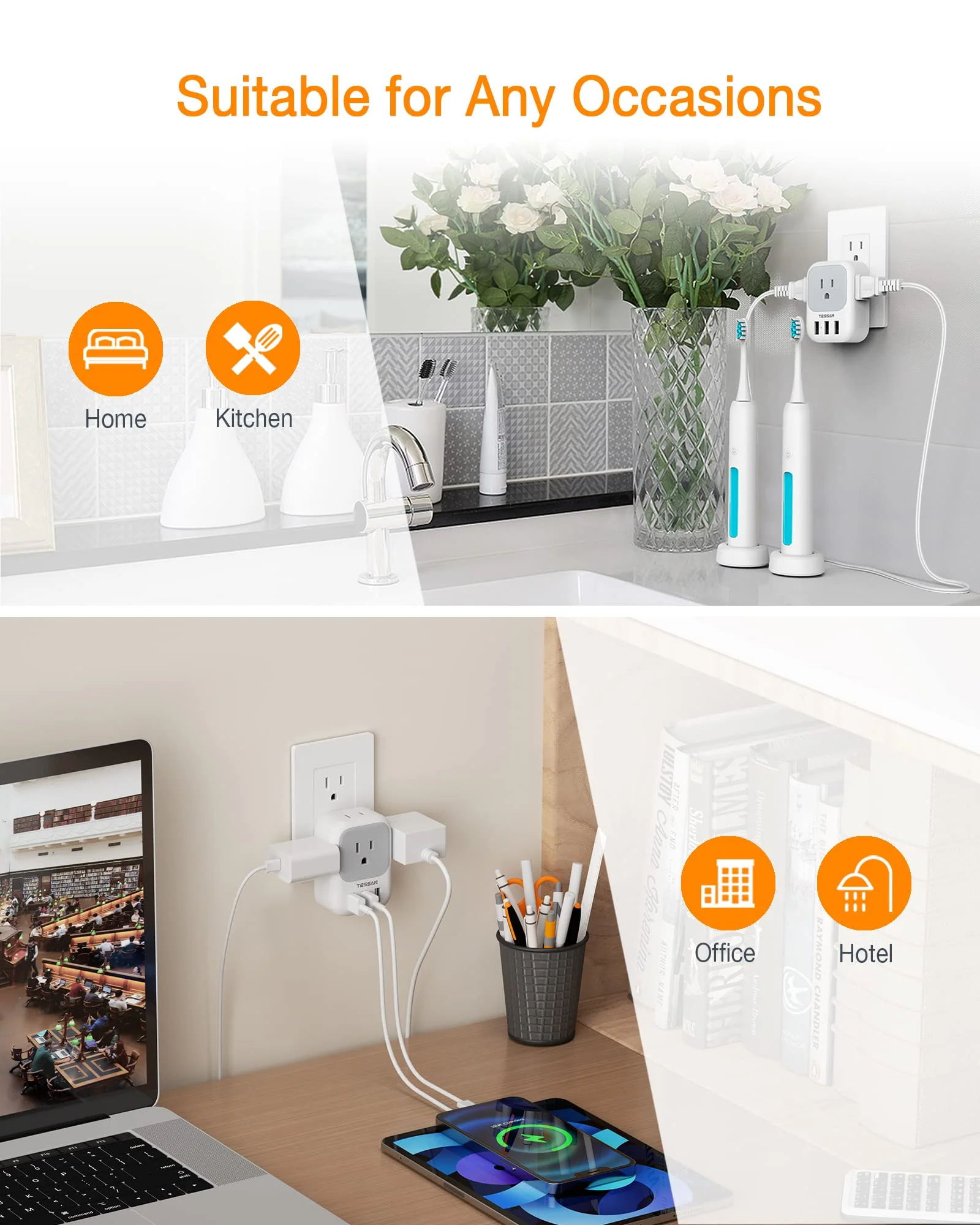 USB Charger Block, TESSAN USB Plug Adapter with Electrical 4 Box Splitter 3 USB Wall Charger Ports, Multi Plug Outlet Extender Charging for Cruise, Travel, Office, Dorm Essentials Grey USB-A - Image 6
