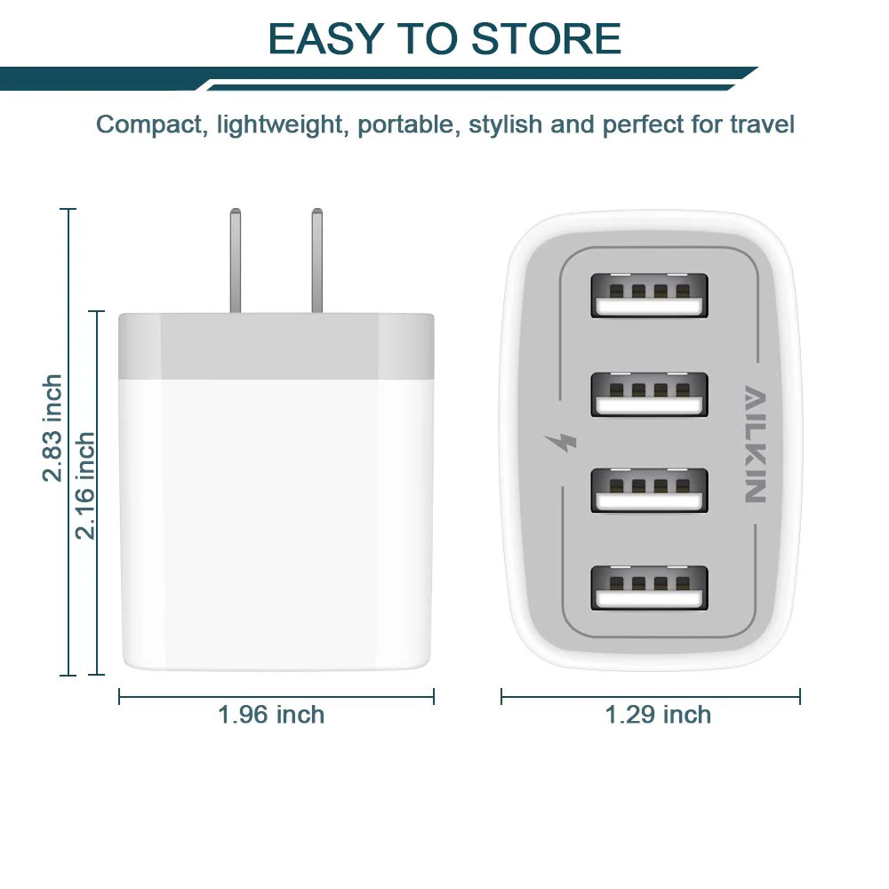 USB Charger Cube, Wall Charger Plug, AILKIN 4.8A 4-Muti Port USB Adapter Power Plug Charging Station Box Base Replacement for iPhone 15 14 13 12 11 Pro Max/X/8, iPad, Samsung Phones USB Charging Block White 1 - Image 2