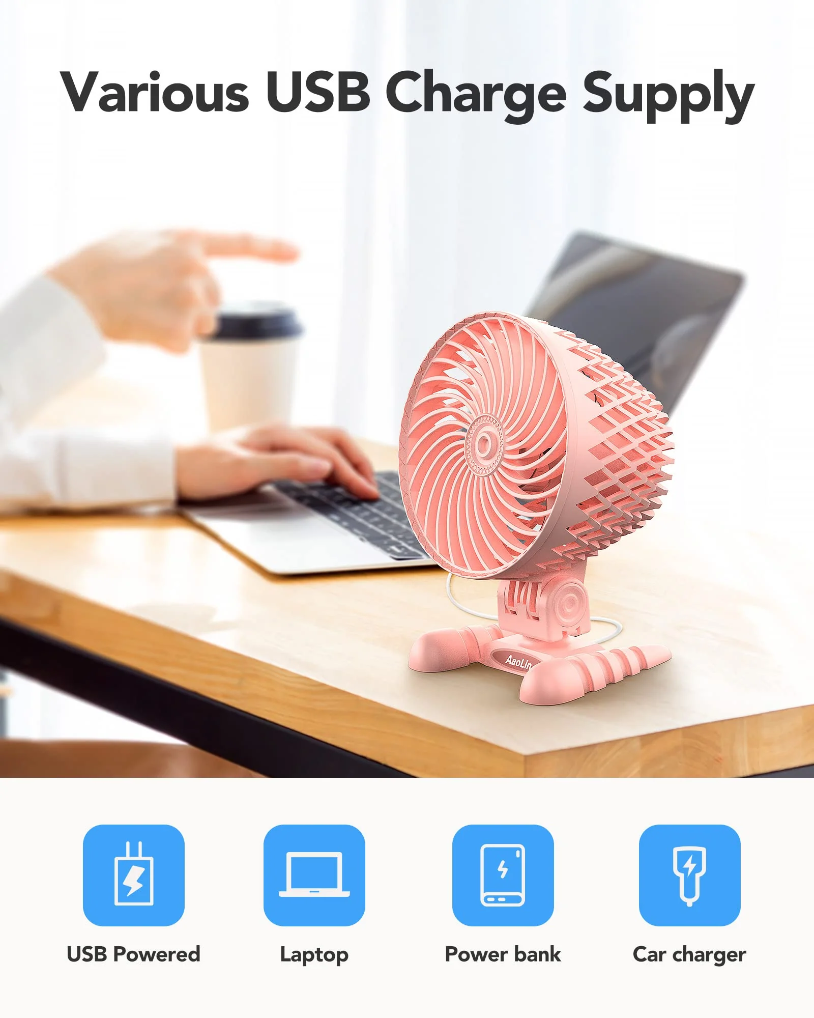 USB Desktop Small Fan, Stepless Speed Adjustment with Multiple Speed Levels, Portable Plug-in Personal Mini Fan,Quiet Powerful Airflow,Suitable for Office Home Dormitory Bedroom, 4.9 Feet Long Cable Pink - Image 4