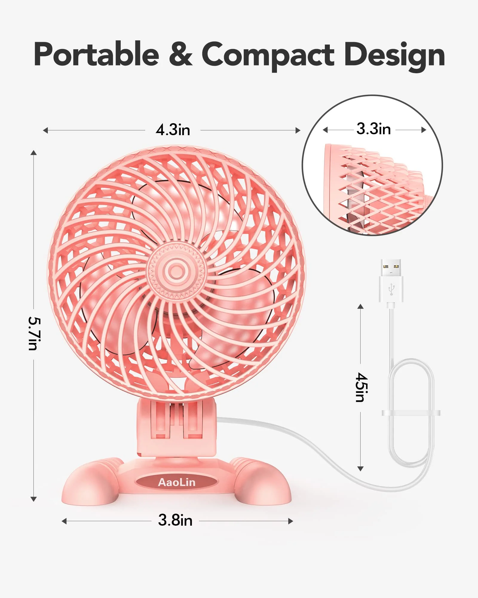 USB Desktop Small Fan, Stepless Speed Adjustment with Multiple Speed Levels, Portable Plug-in Personal Mini Fan,Quiet Powerful Airflow,Suitable for Office Home Dormitory Bedroom, 4.9 Feet Long Cable Pink - Image 7