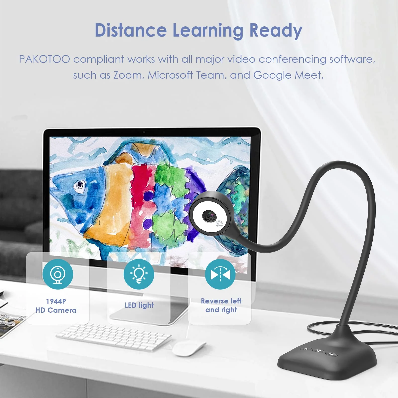 USB Document Camera for Teachers, Webcam/Doc Camera for Classroom with A3 Format, 3-Level LED Lights, Image Invert, Fold, Dual mic for Mac OS, Windows, Zoom, OBS Work with Distance Learning - Image 2